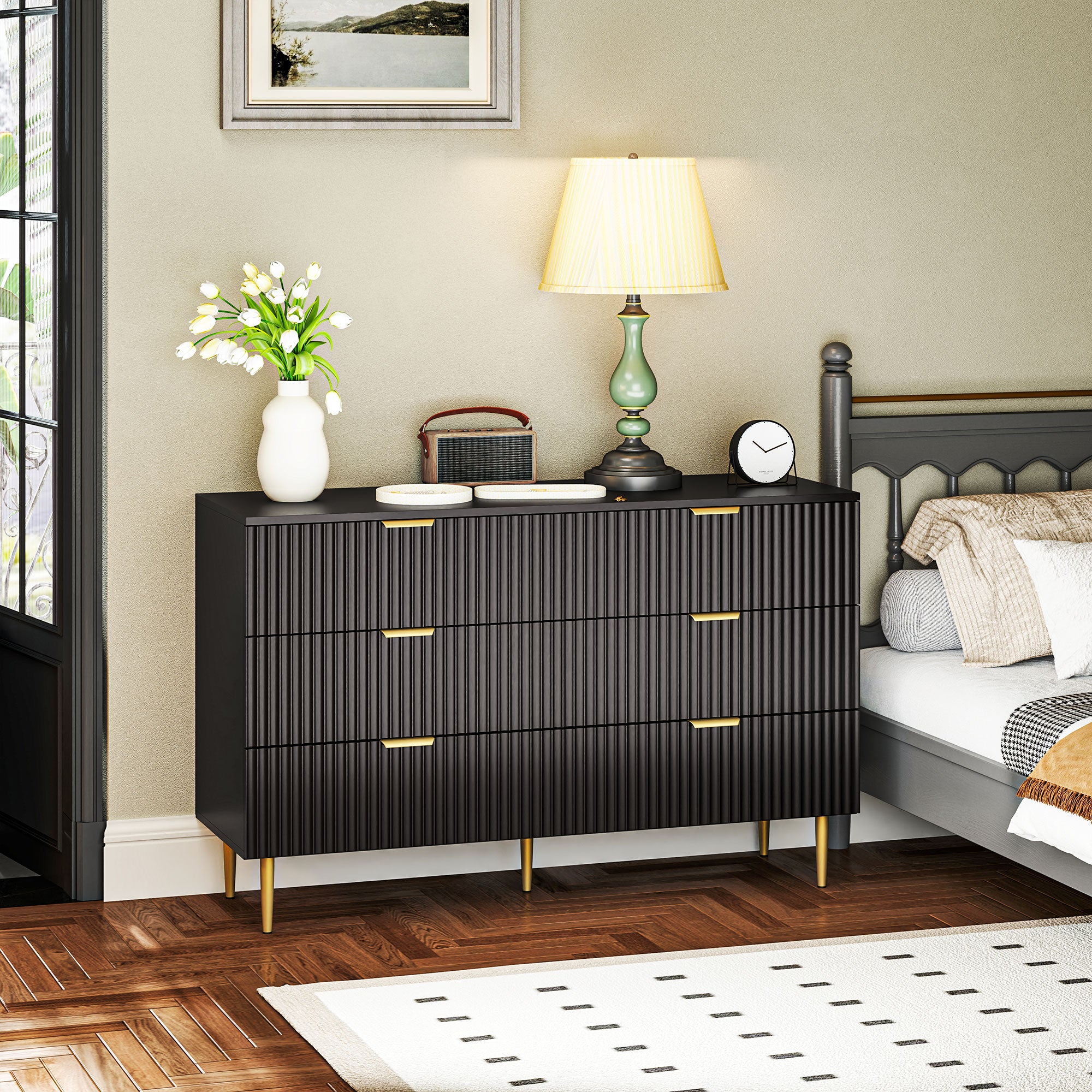 Commode 6 tiroirs commode chambre meuble de rangement moderne avec poignées et pieds dorés, pour chambre à coucher, salon, dim. 120 x 40 x 76,5 cm, noir