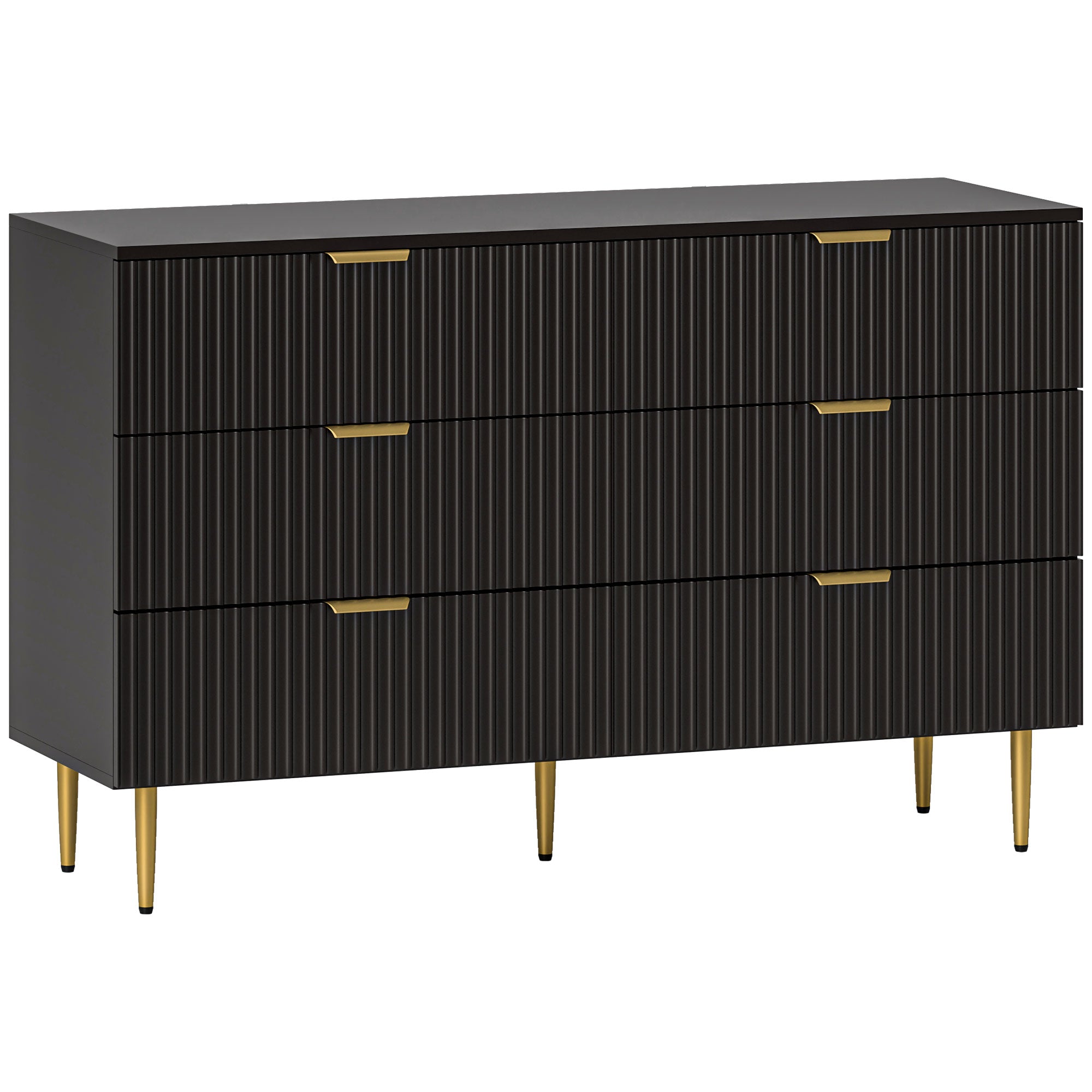 Commode 6 tiroirs commode chambre meuble de rangement moderne avec poignées et pieds dorés, pour chambre à coucher, salon, dim. 120 x 40 x 76,5 cm, noir