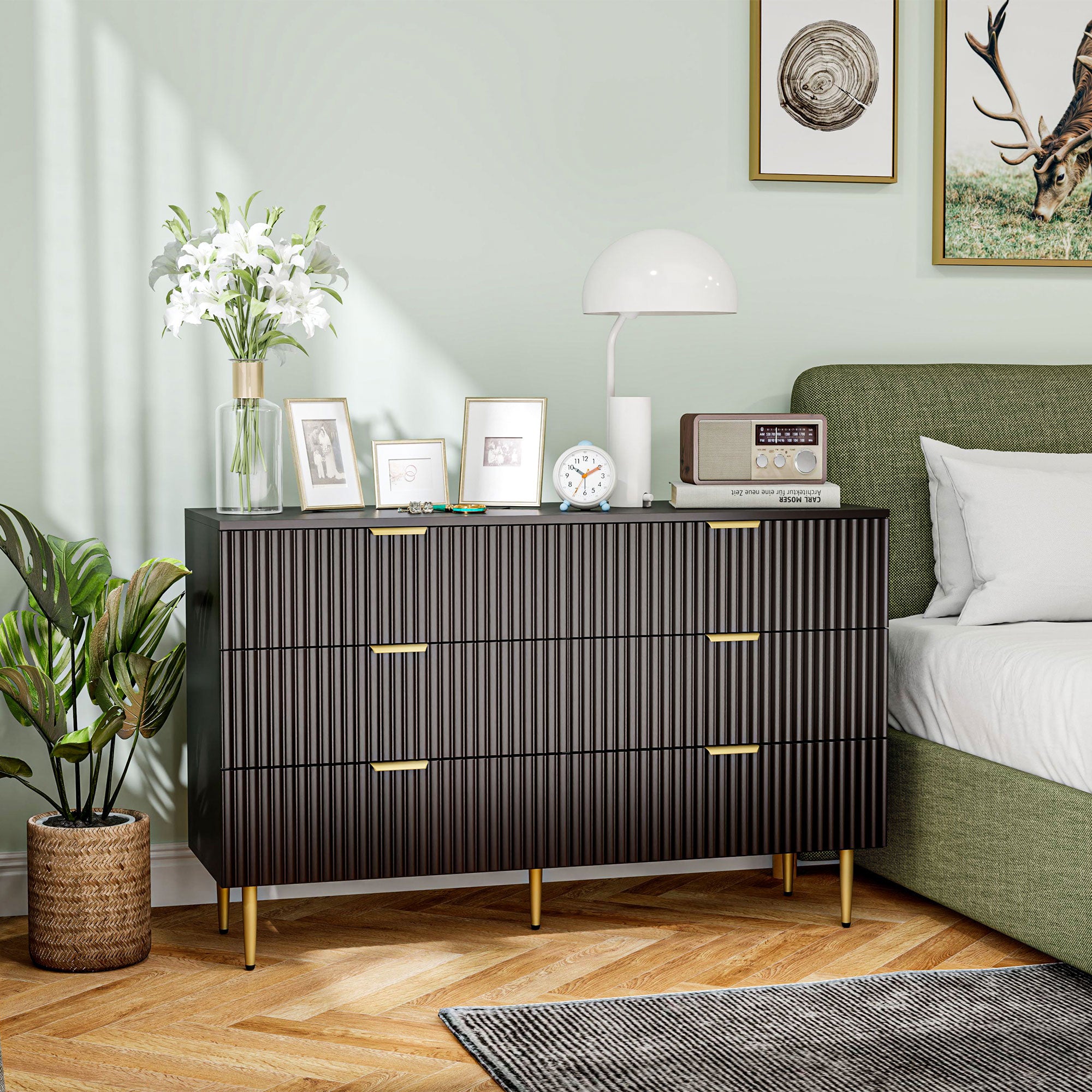 Commode 6 tiroirs commode chambre meuble de rangement moderne avec poignées et pieds dorés, pour chambre à coucher, salon, dim. 120 x 40 x 76,5 cm, noir