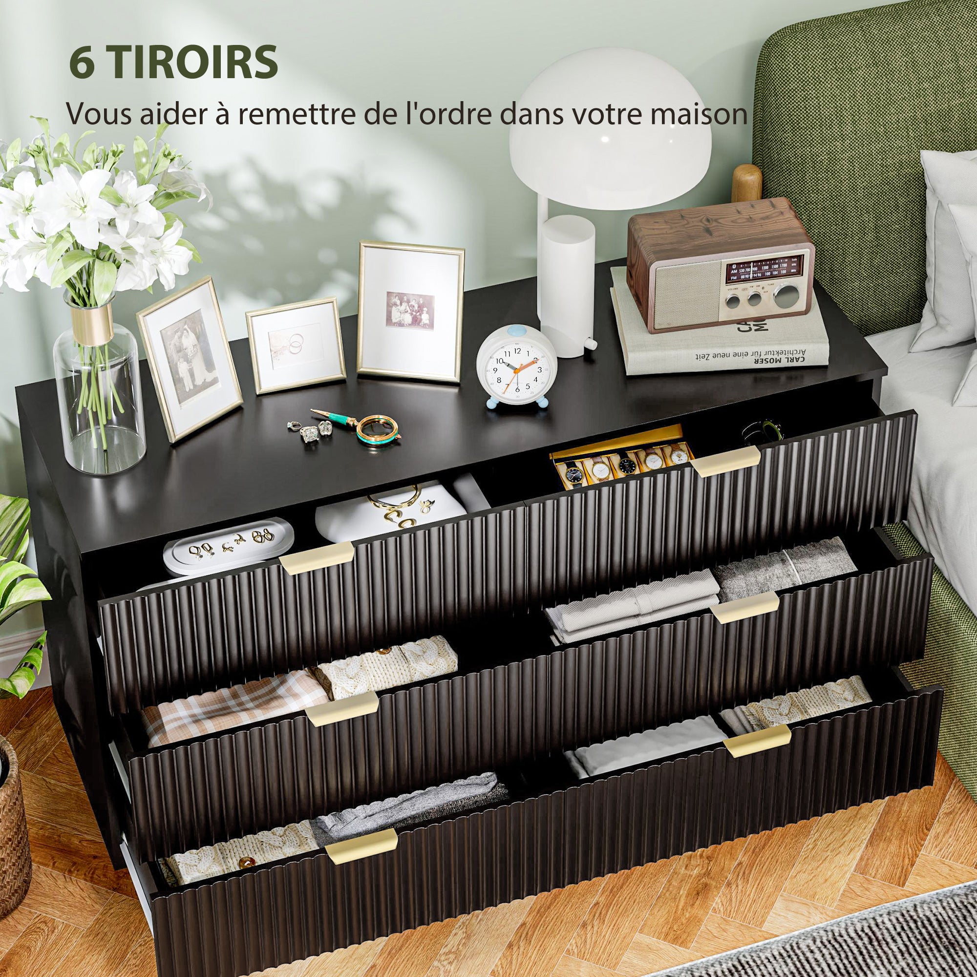Commode 6 tiroirs commode chambre meuble de rangement moderne avec poignées et pieds dorés, pour chambre à coucher, salon, dim. 120 x 40 x 76,5 cm, noir