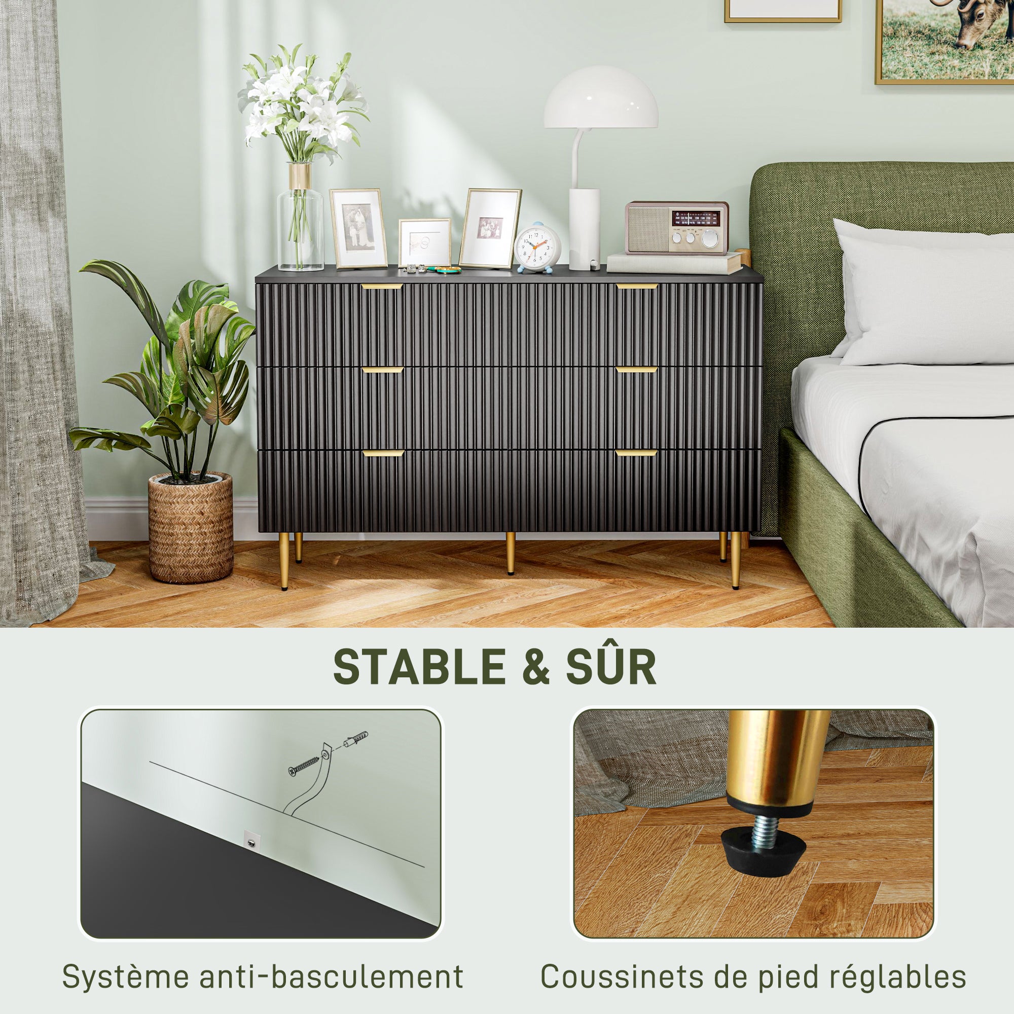 Commode 6 tiroirs commode chambre meuble de rangement moderne avec poignées et pieds dorés, pour chambre à coucher, salon, dim. 120 x 40 x 76,5 cm, noir