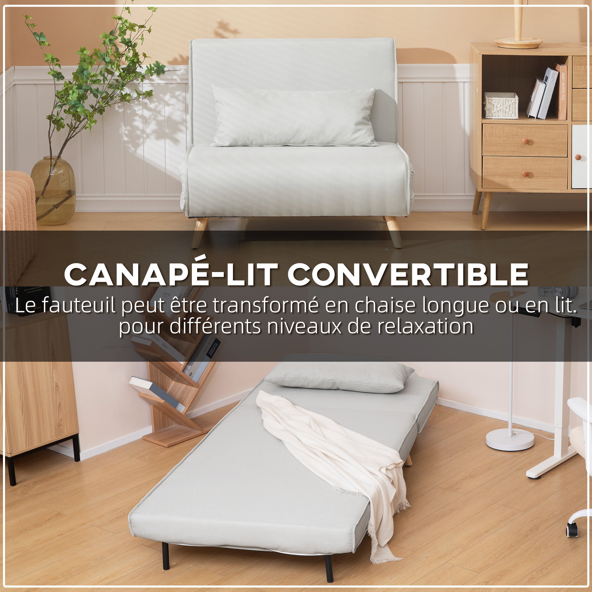 fauteuil convertible 1 place, fauteuil-lit chauffeuse 3 en 1 avec dossier réglable 6 positions, oreiller, siège rembourré, tissu en lin, canapé-lit pour invités, salon, bureau, crème