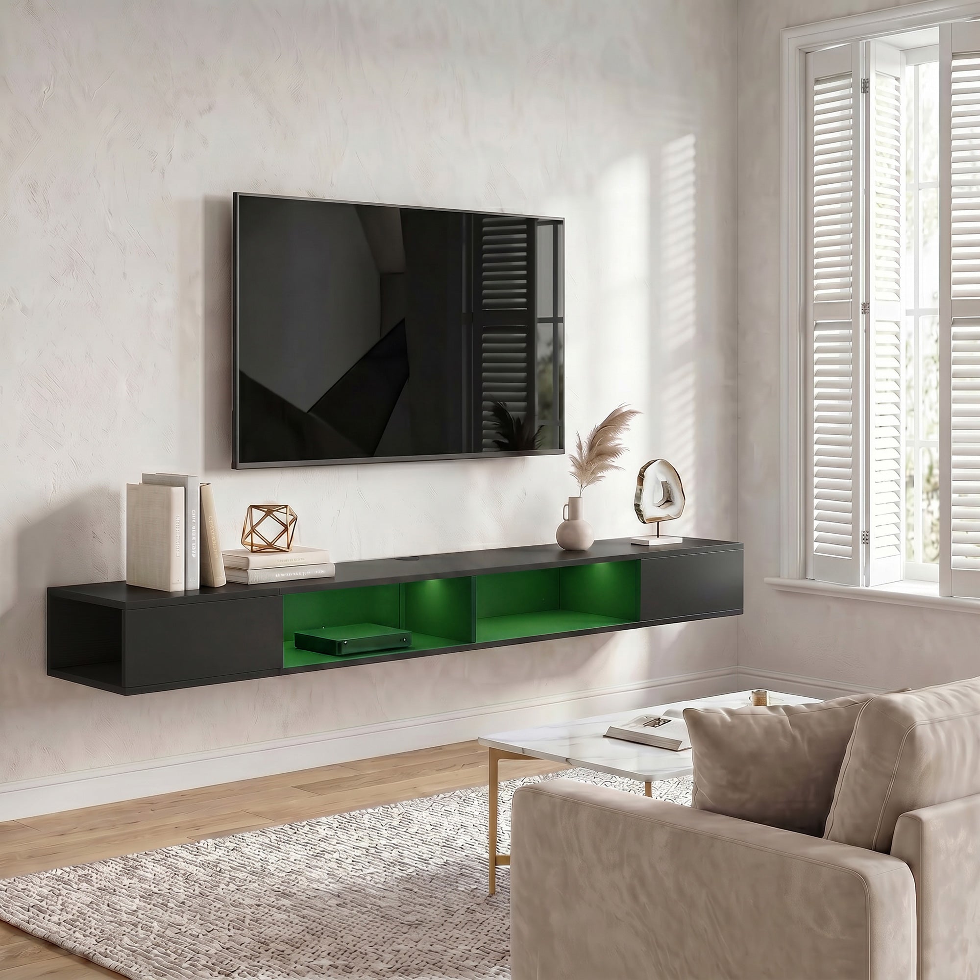 Meuble TV suspendu 180 cm avec éclairage LED RGB, meuble télé pour téléviseur jusqu'à 75 pouces avec étagères ouvertes, banc TV mural pour salon, noir