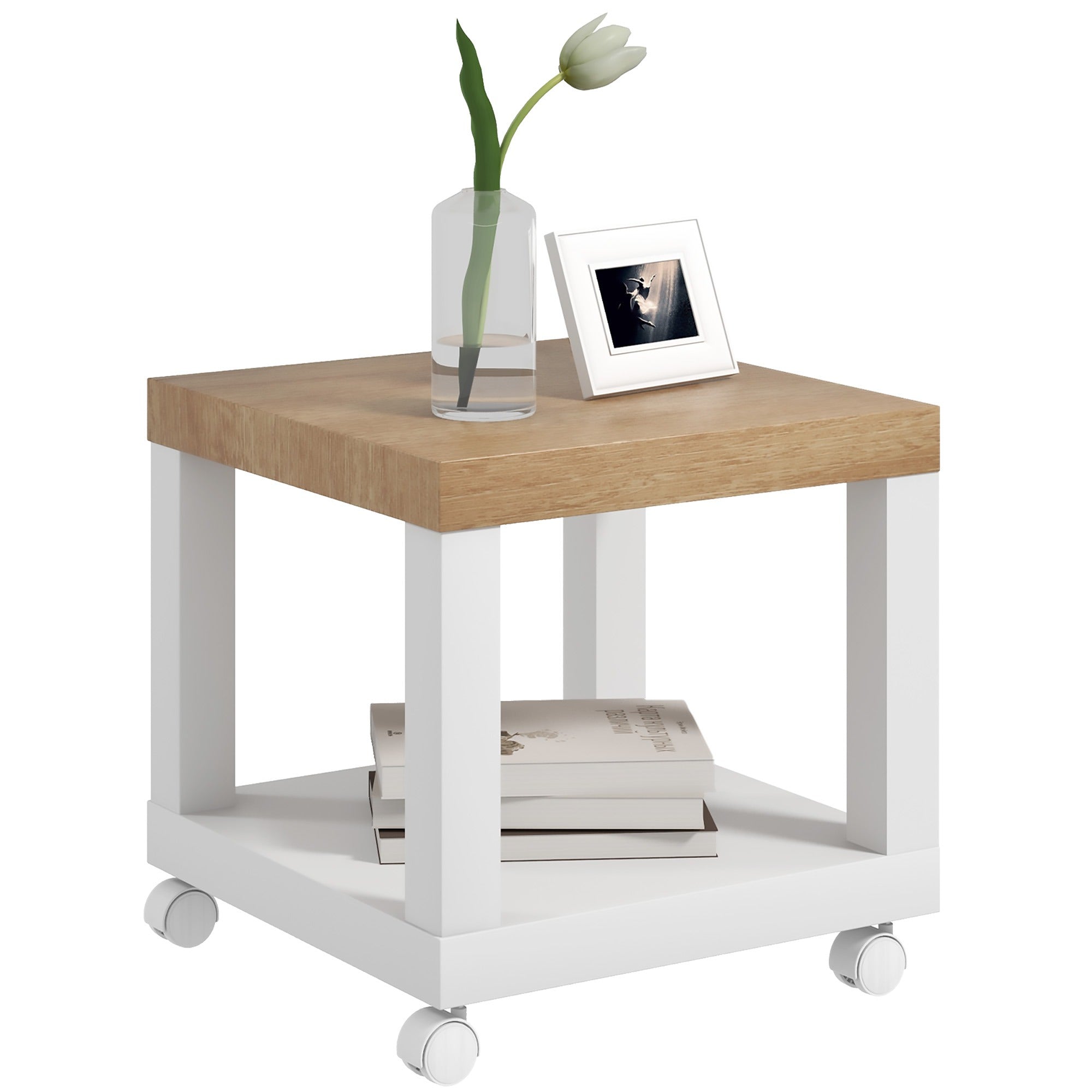 Table d'Appoint Roulante, Table Basse Moderne avec Étagère Ouverte, pour Salon, Chambre ou Bureau, 40 x 40 x 40 cm, Bois Naturel & Blanc