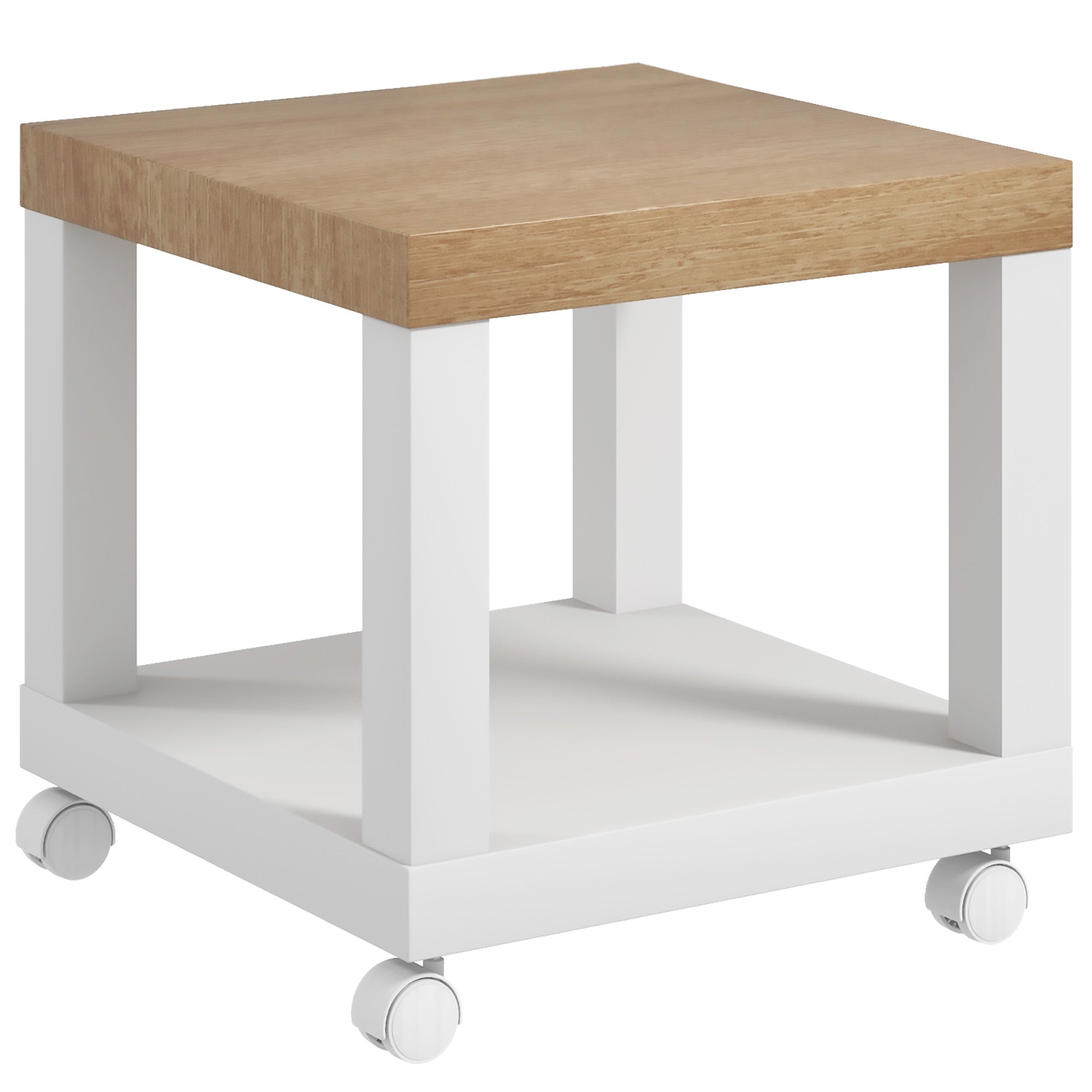 Table d'Appoint Roulante, Table Basse Moderne avec Étagère Ouverte, pour Salon, Chambre ou Bureau, 40 x 40 x 40 cm, Bois Naturel & Blanc
