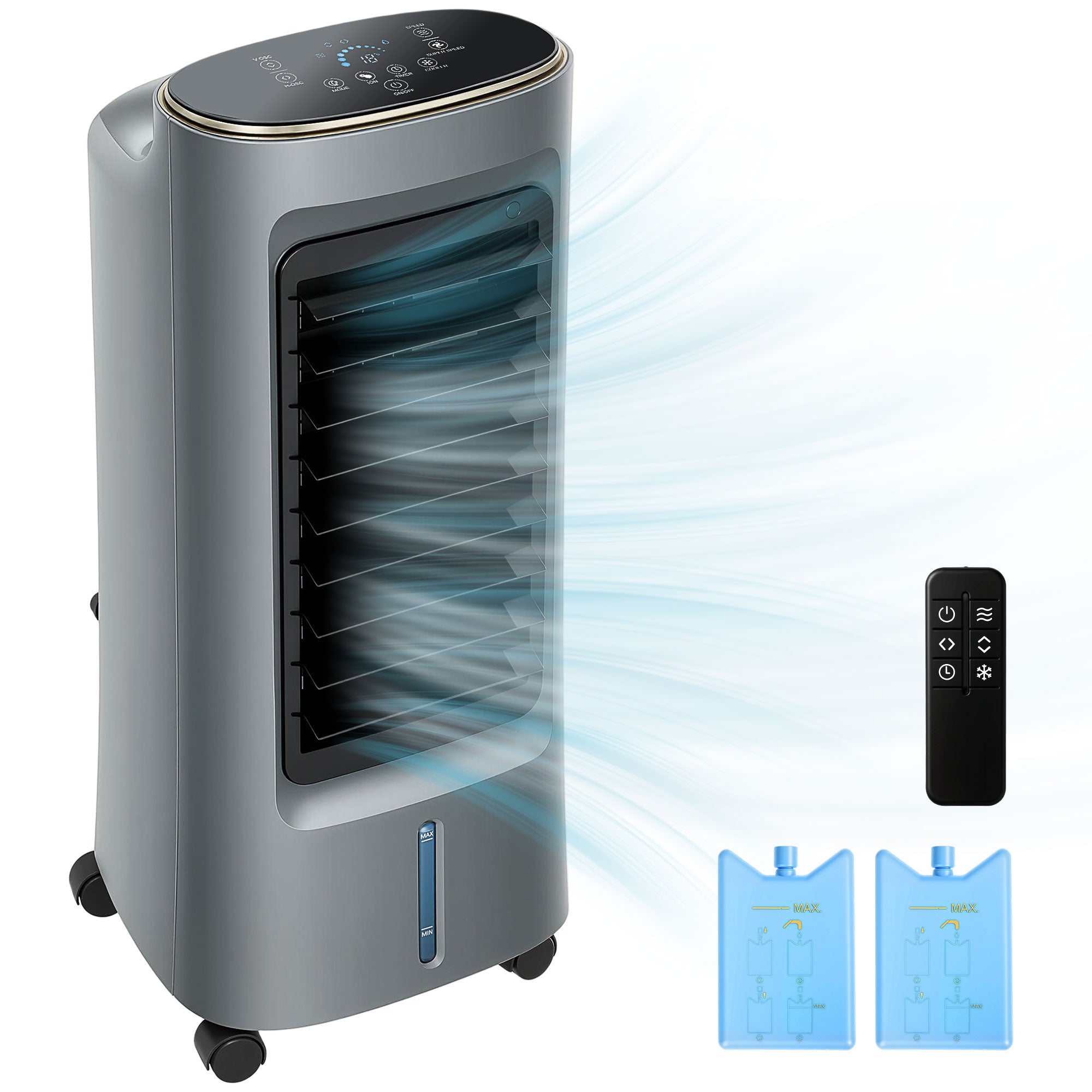 Refroidisseur d'air mobile 4 en 1 humidificateur, purificateur et ventilateur, oscillation 90°, 4 vitesses, 3 modes, réservoir d'eau 6L, packs de glace, télécommande, pour chambre bureau, gris