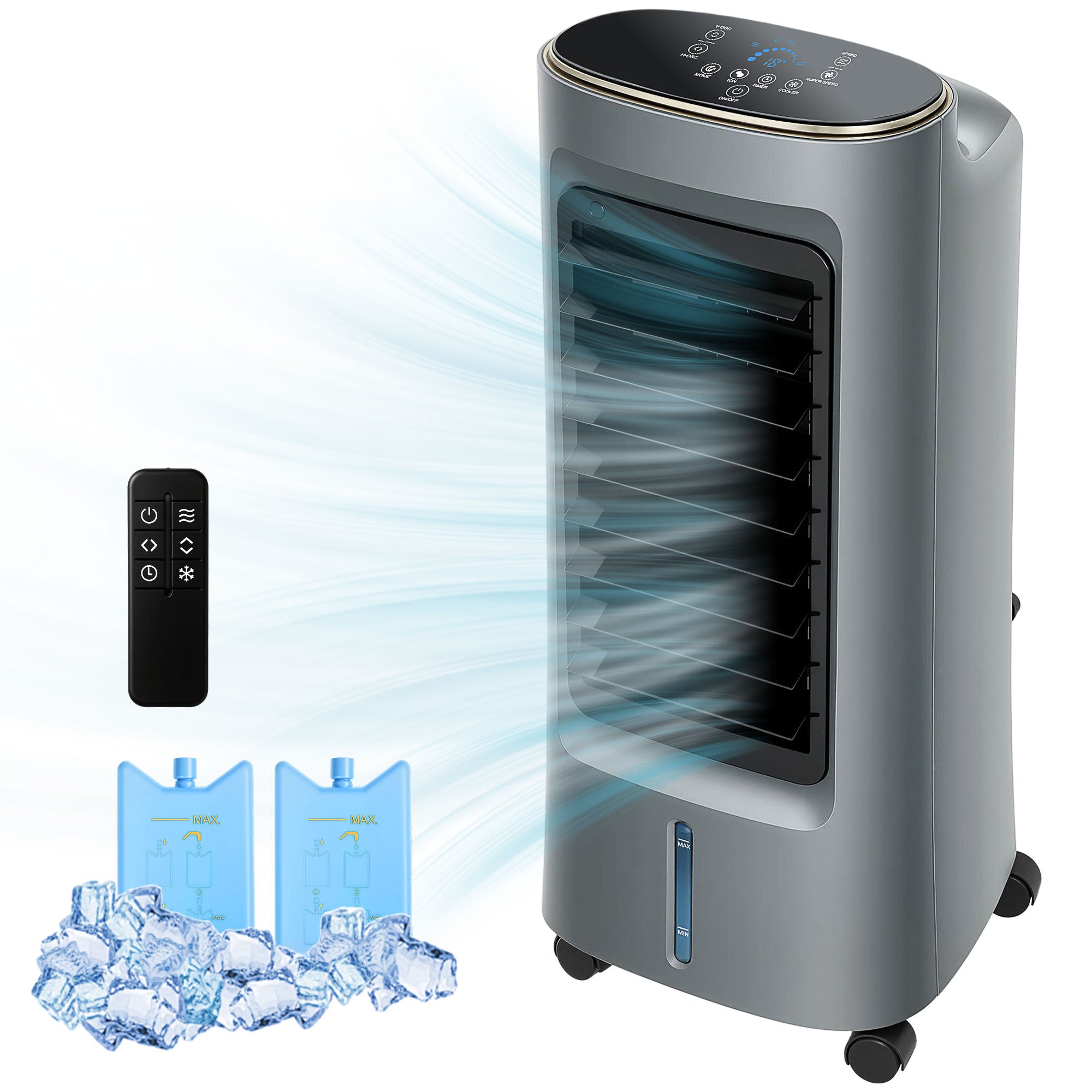 Refroidisseur d'air mobile 4 en 1 humidificateur, purificateur et ventilateur, oscillation 90°, 4 vitesses, 3 modes, réservoir d'eau 6L, packs de glace, télécommande, pour chambre bureau, gris