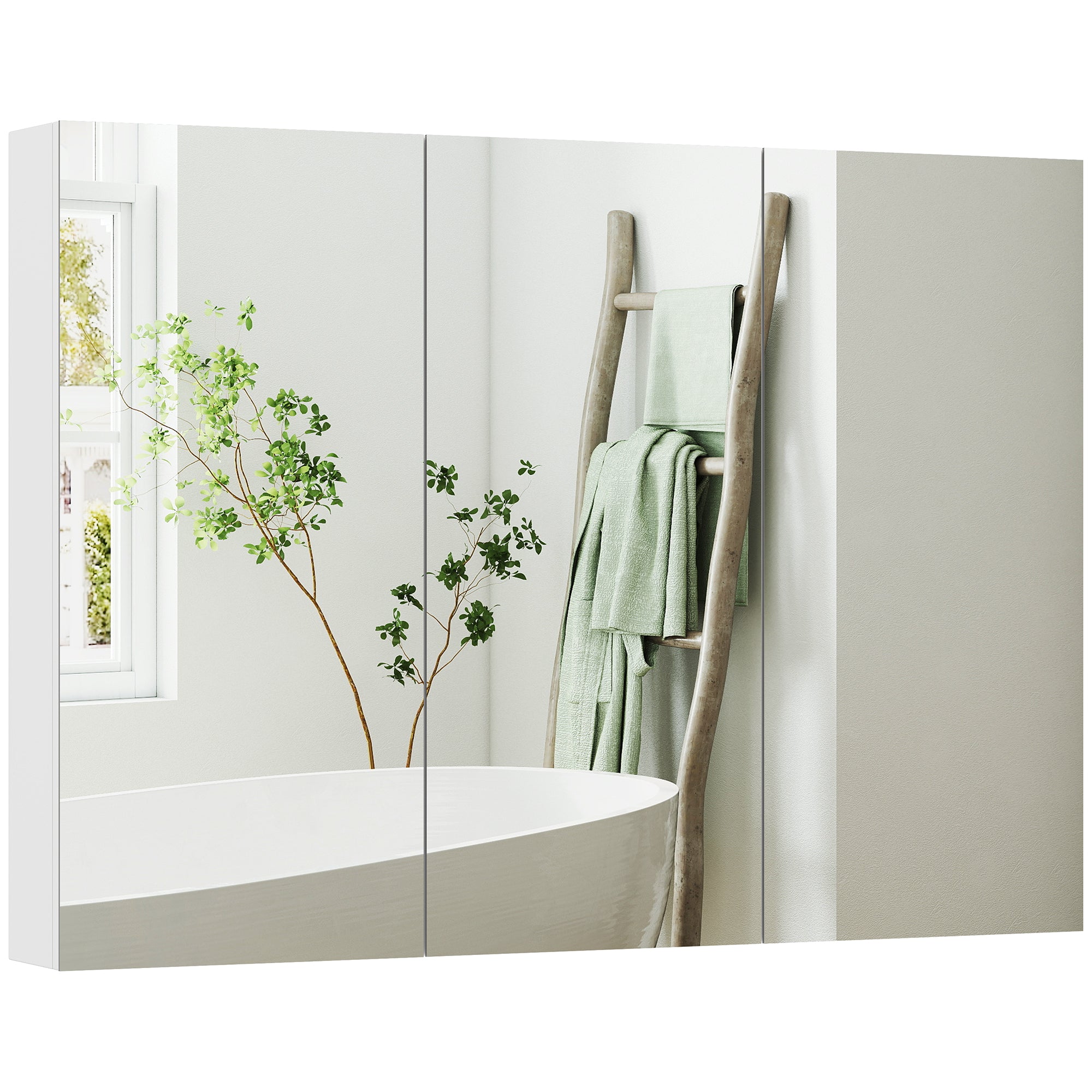 Armoire murale salle de bain avec miroir, 91,5 x 11,5 x 65 cm, meuble salle de bain, armoire de toilette avec 3 portes miroir et 4 étagères réglables, blanc