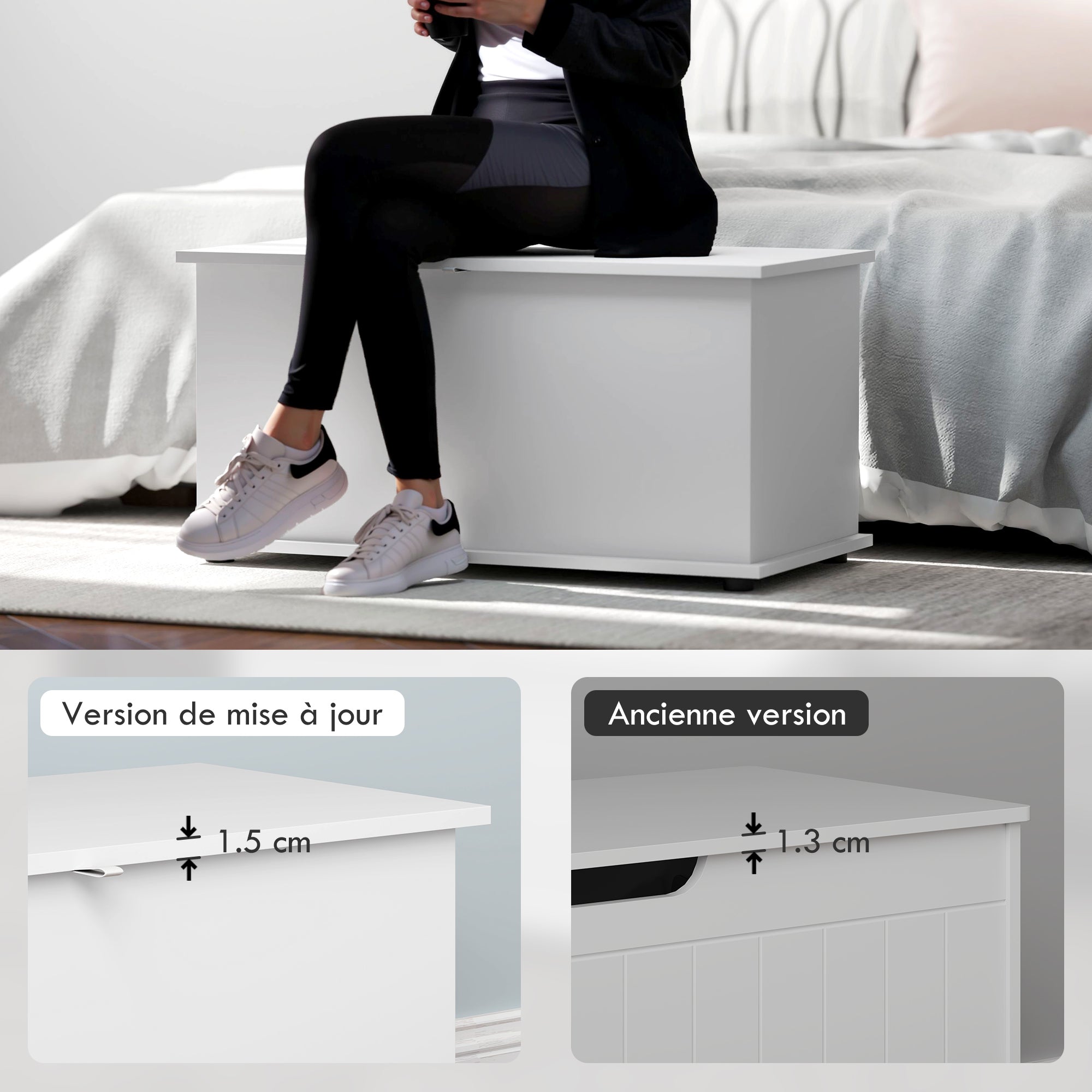 Coffre de rangement, banc de rangement avec couvercle rabattable et charnières de sécurité, banc chaussures, meuble d'entrée, couloir, chambre, salon, 80 x 40 x 40 cm, blanc