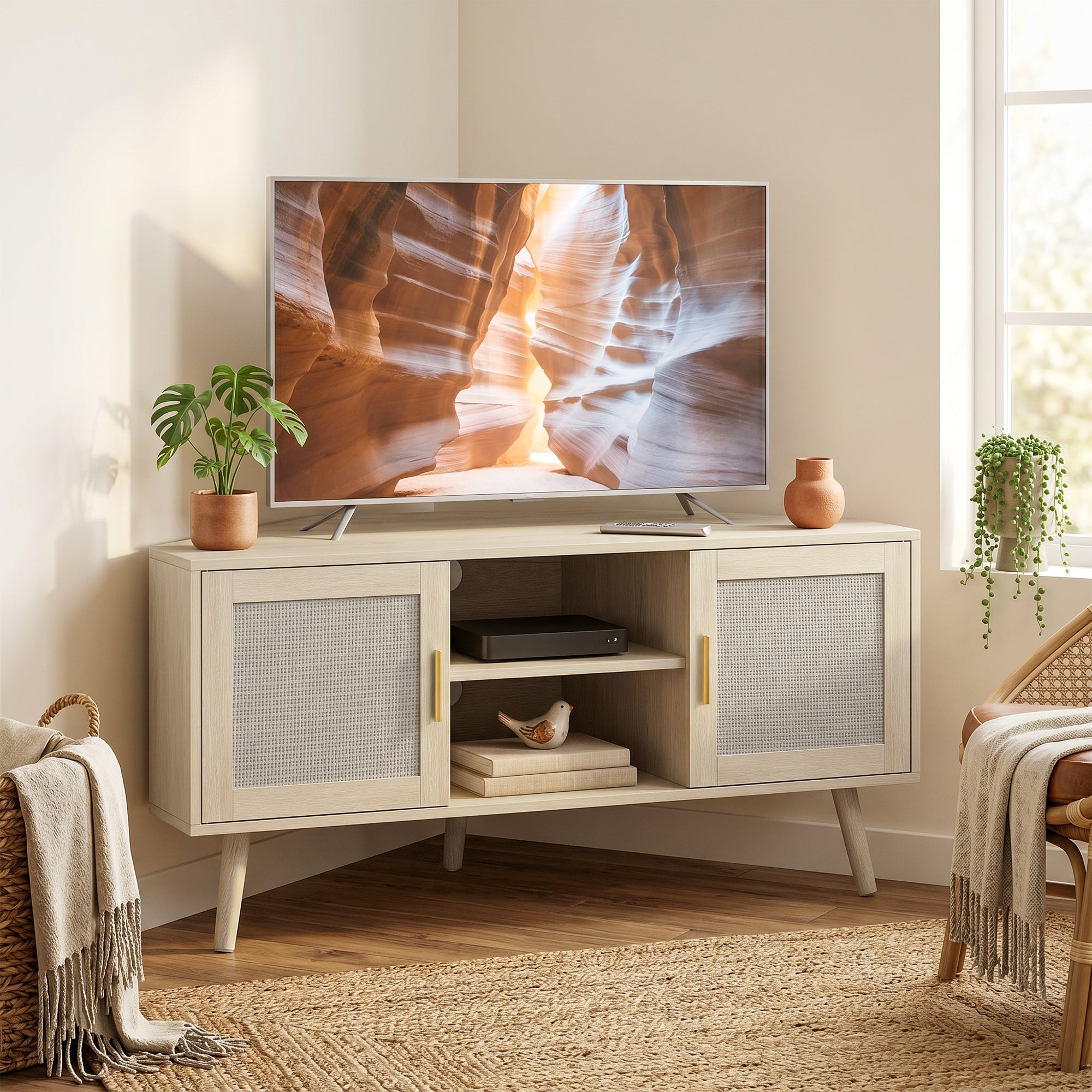 Meuble TV d'Angle 115 cm, Meuble Télé pour Téléviseur jusqu'à 65 Pouces avec 2 Portes en Rotin et 2 Compartiments Ouverts, Pieds en Bois de Pin, Style Bohème, Banc TV pour Salon, Chambre, Chêne