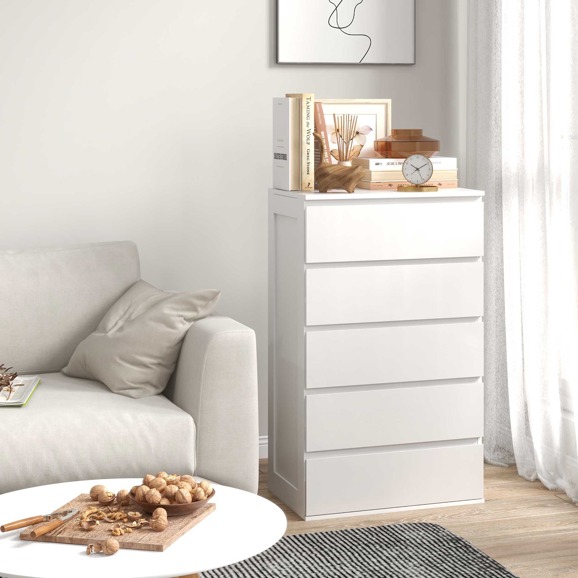 Commode 5 tiroirs commode chambre meuble de rangement épuré style moderne avec mécanisme de fermeture en douceur, pour chambre à coucher, salon - 60 x 38 x 100 cm, blanc