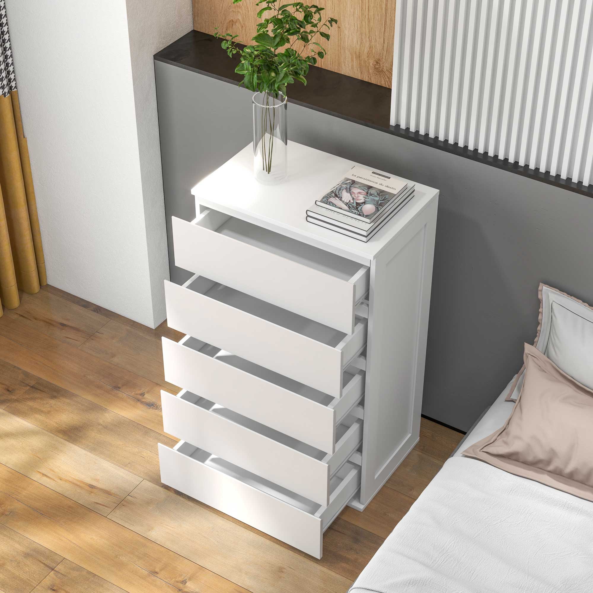 Commode 5 tiroirs commode chambre meuble de rangement épuré style moderne avec mécanisme de fermeture en douceur, pour chambre à coucher, salon - 60 x 38 x 100 cm, blanc