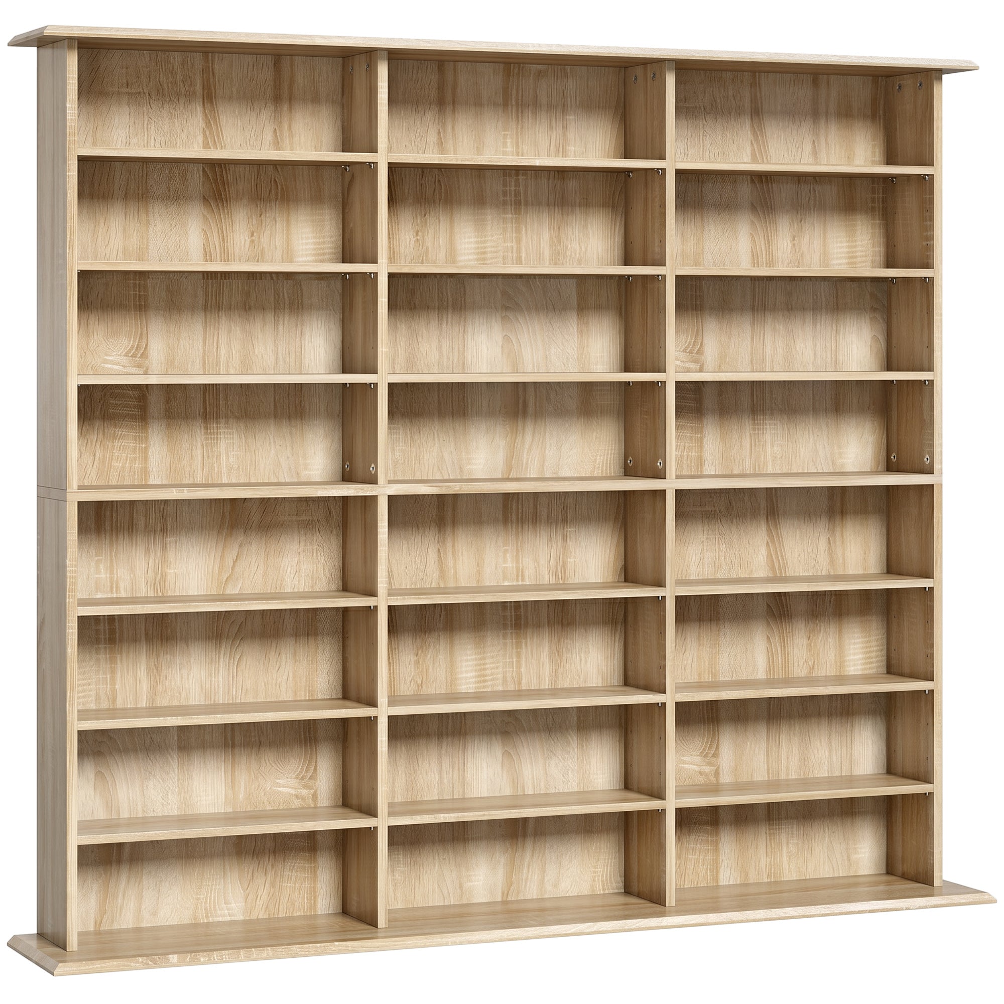Rangements pour CD et DVD, Meuble de Rangement Multimédia, Capacité Max. 1032 CDs/594 DVDs et Blu-ray, 24 Compartiments et 18 Étagères Réglables, pour Salon, Chambre, 145x24x126,3cm, Chêne