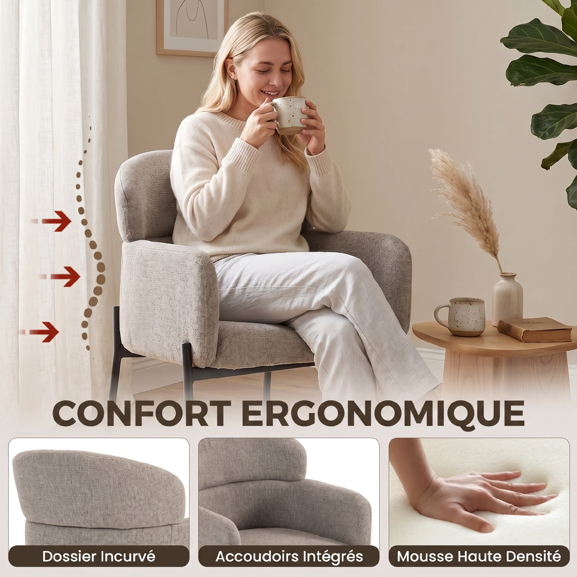 Fauteuil Salon, Fauteuil d'Appoint Rembourré en Chenille avec Dossier Courbé et Accoudoirs, Pieds en Métal, Style Moderne, Chaise de Chambre, Coins Lecture, Petit Espace, Marron Clair
