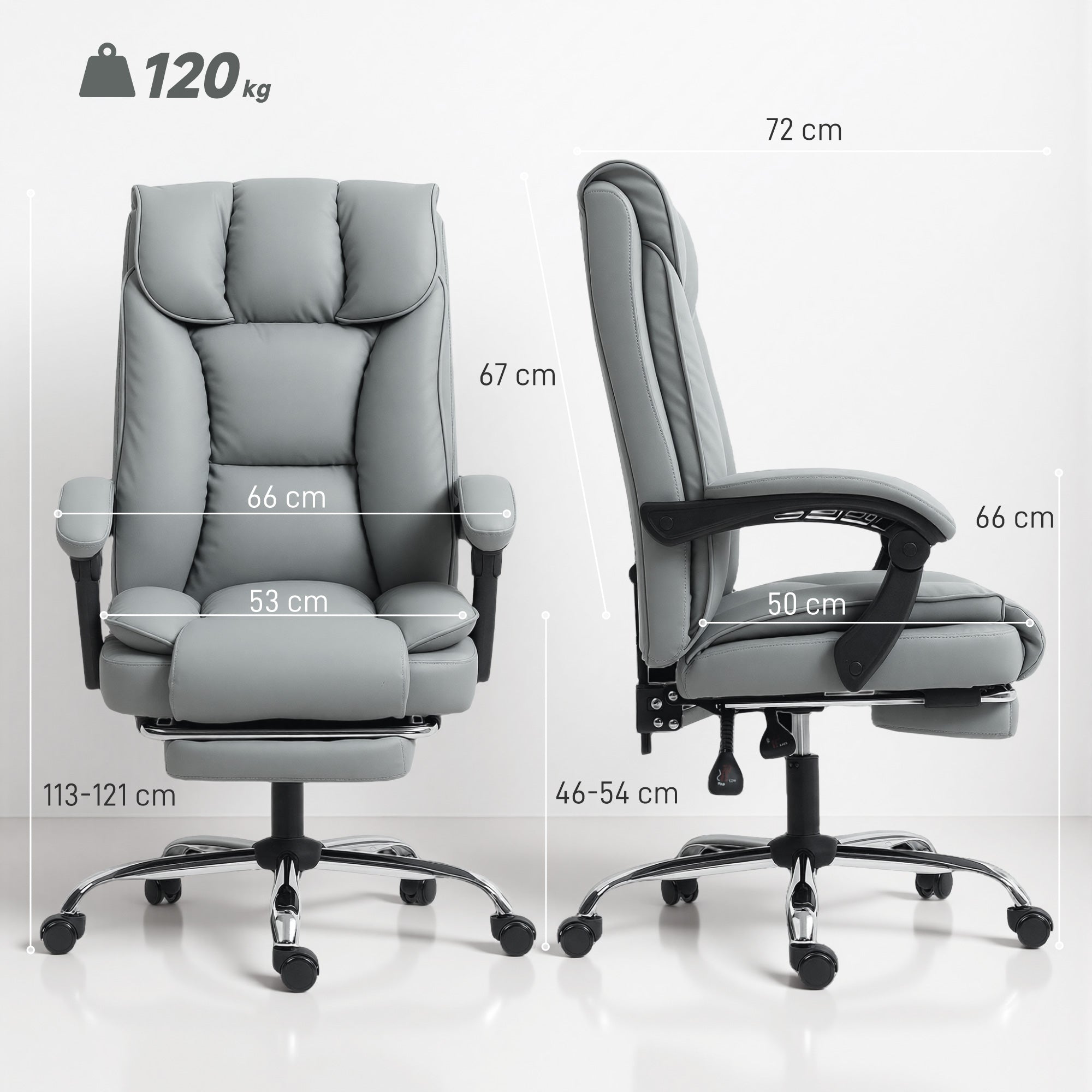 Chaise de Bureau Ergonomique, Fauteuil de Bureau Inclinable avec Repose-Pieds, Hauteur Réglable, Rembourrage Double Couche, Pivotante 360°, Revêtement Synthétique Résistant pour Animaux, Gris