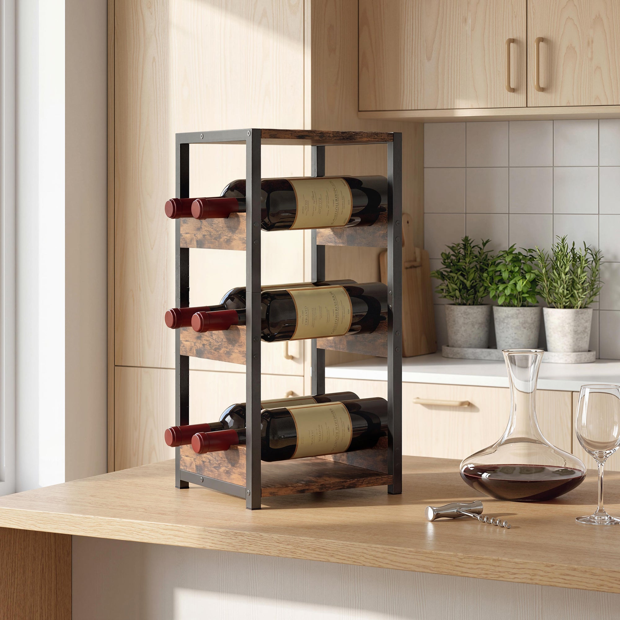 Casier à bouteilles pour 6 bouteilles, casier à vin avec plateau supérieur et étagères ondulées, style industriel, étagère à vin pour cuisine, salon, 22 x 24 x 49,2 cm, brun rustique