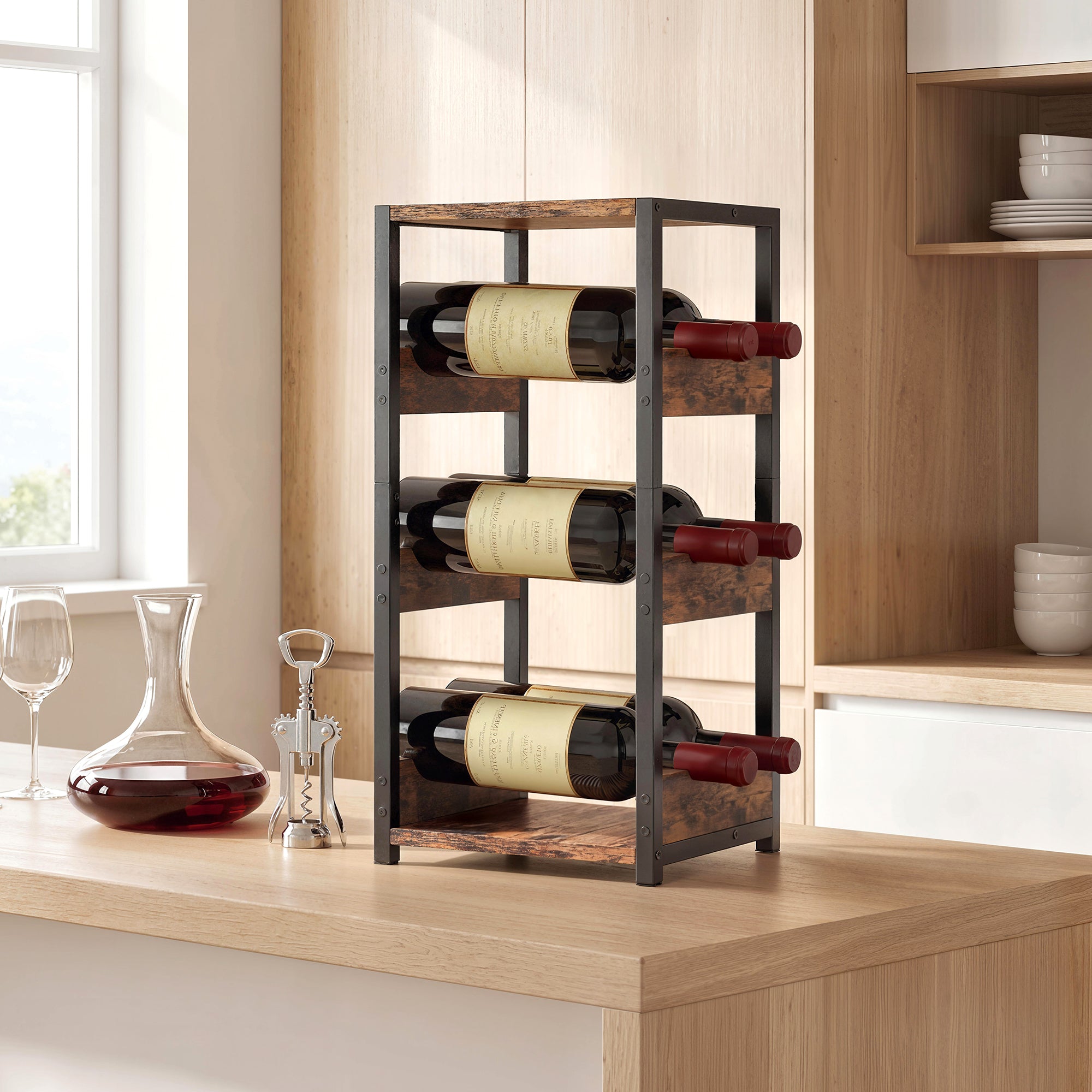 Casier à bouteilles pour 6 bouteilles, casier à vin avec plateau supérieur et étagères ondulées, style industriel, étagère à vin pour cuisine, salon, 22 x 24 x 49,2 cm, brun rustique