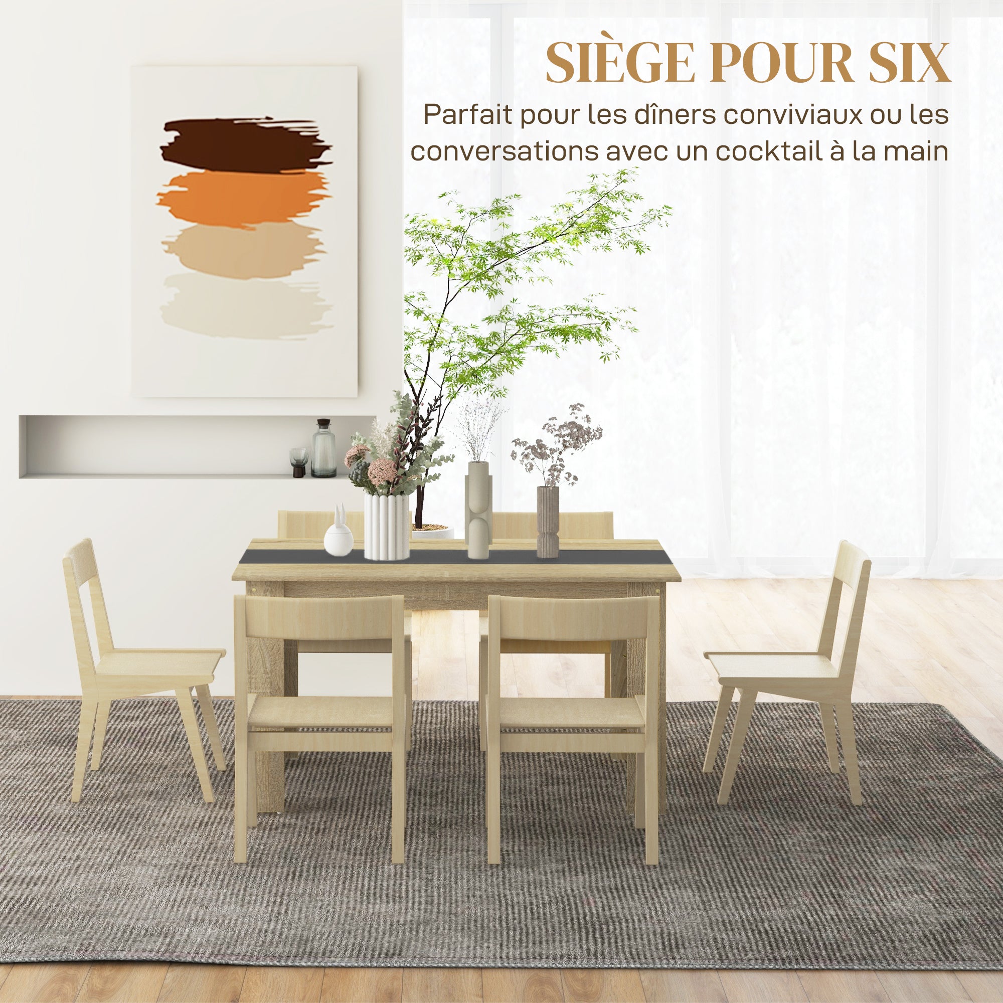 Table de salle à manger table de cuisine pour 6 personnes, style scandinave en bois aspect naturel et noir, dim. 140L x 90l x 75H cm