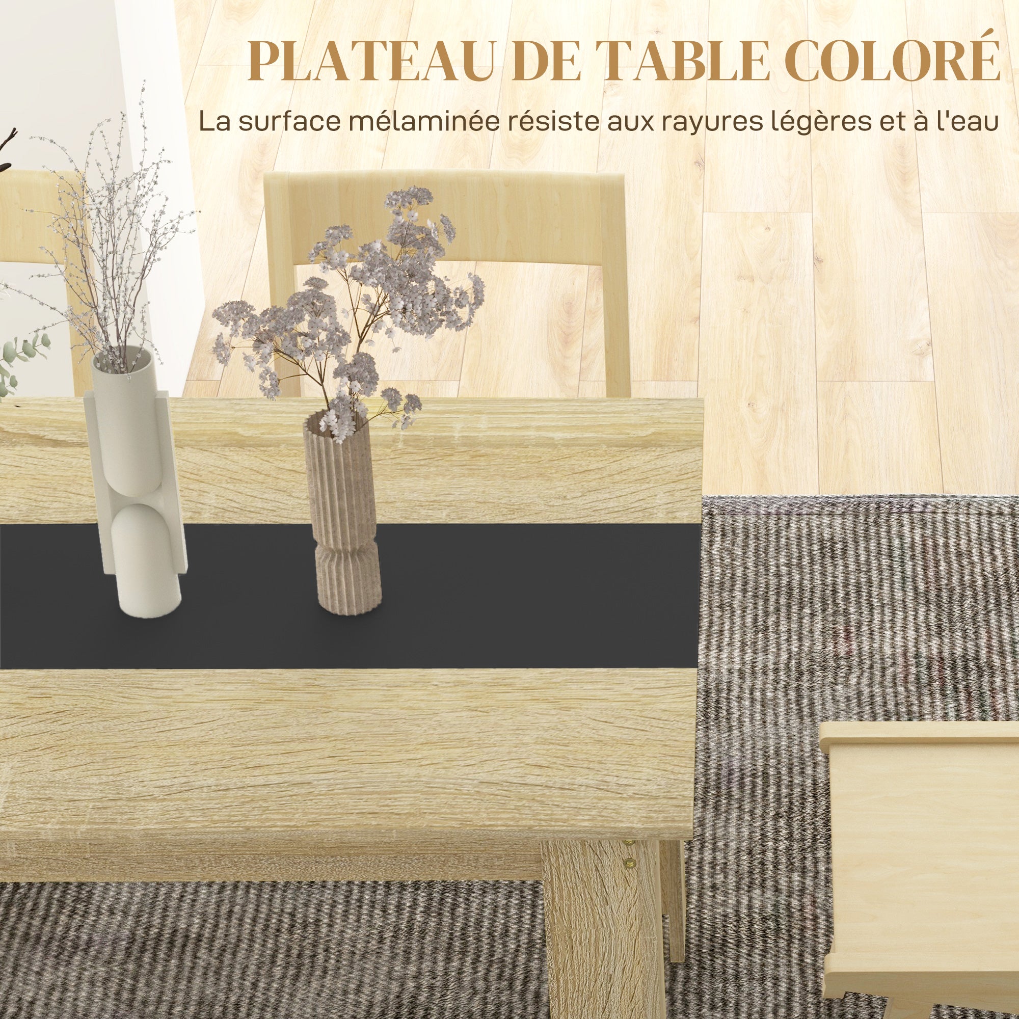 Table de salle à manger table de cuisine pour 6 personnes, style scandinave en bois aspect naturel et noir, dim. 140L x 90l x 75H cm