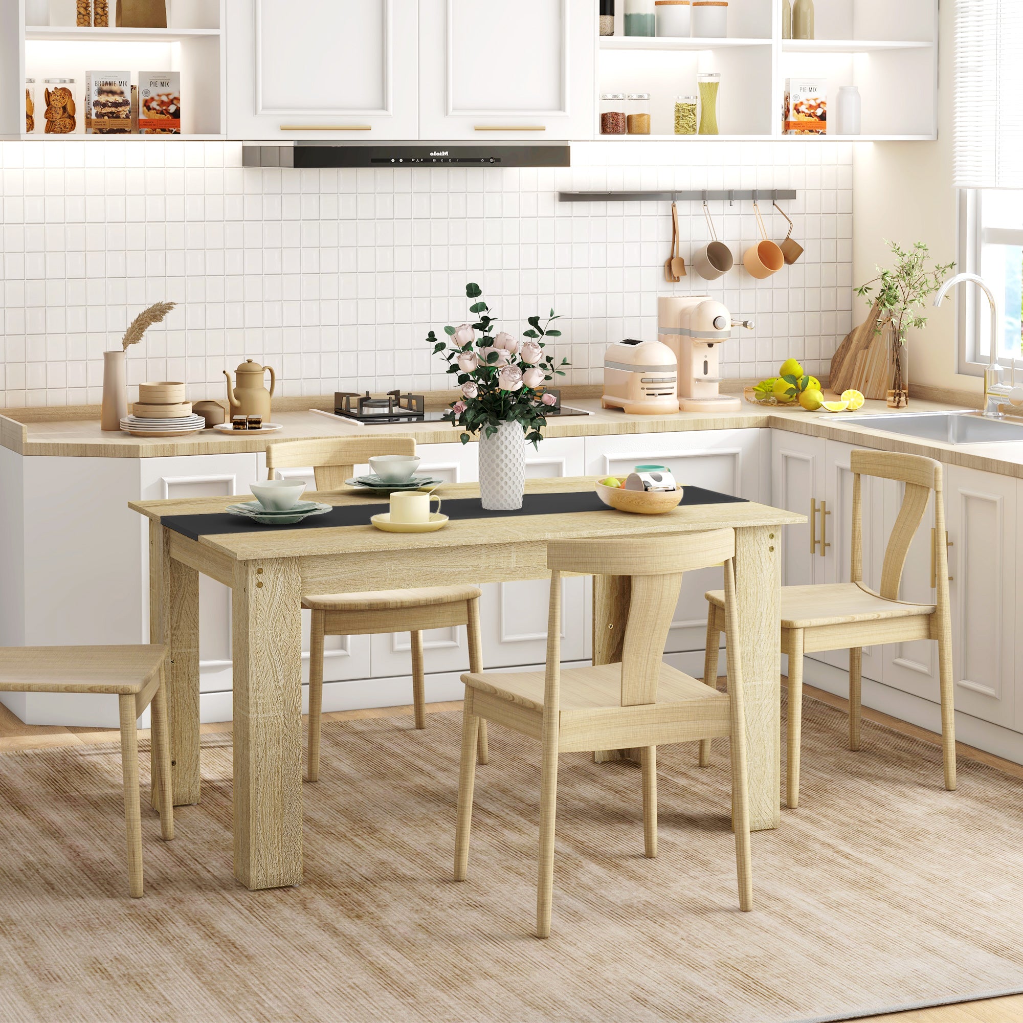 Table de salle à manger table de cuisine pour 6 personnes, style scandinave en bois aspect naturel et noir, dim. 140L x 90l x 75H cm