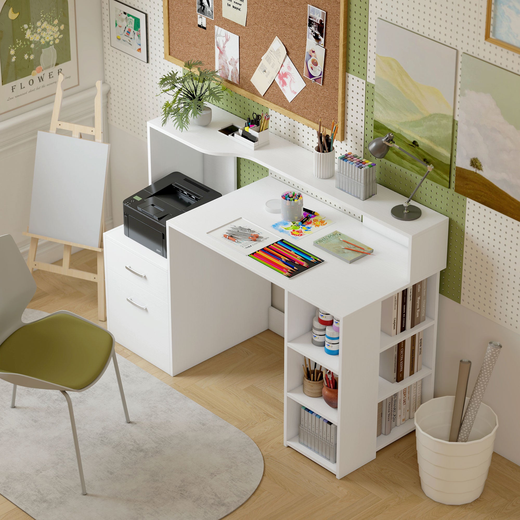 Bureau informatique avec 2 tiroirs, bureau avec rangement, 137 x 55 x 92 cm, étagères ouvertes et tablette d'imprimante, style moderne, table d'ordinateur pour chambre, studio, blanc