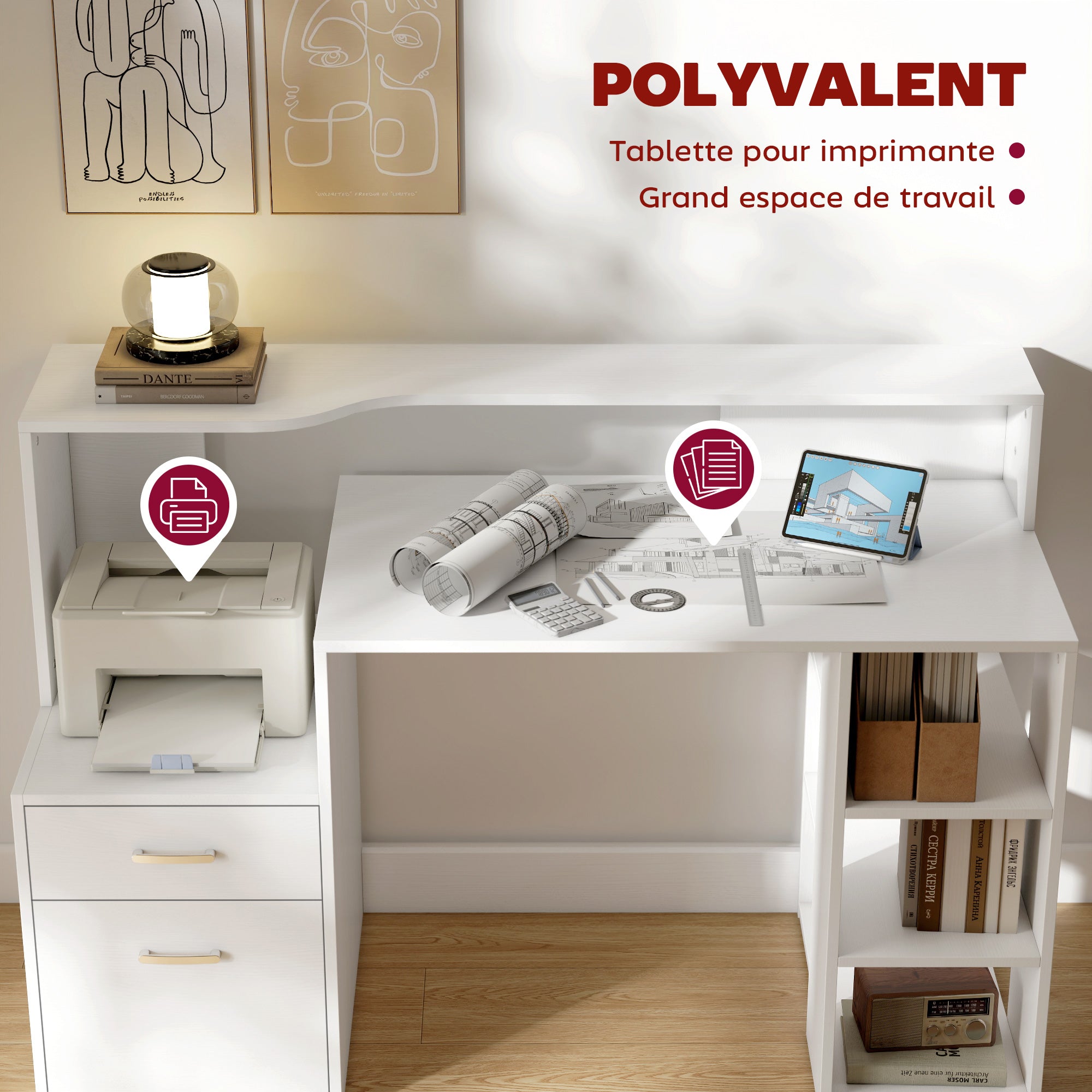 Bureau informatique avec 2 tiroirs, bureau avec rangement, 137 x 55 x 92 cm, étagères ouvertes et tablette d'imprimante, style moderne, table d'ordinateur pour chambre, studio, blanc