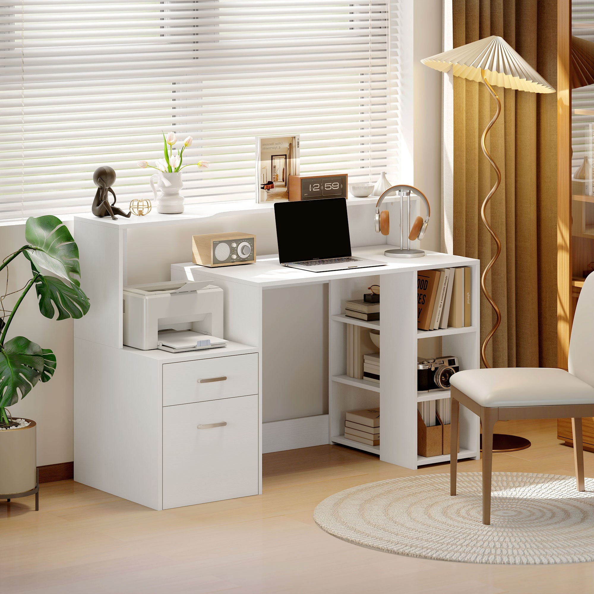 Bureau informatique avec 2 tiroirs, bureau avec rangement, 137 x 55 x 92 cm, étagères ouvertes et tablette d'imprimante, style moderne, table d'ordinateur pour chambre, studio, blanc