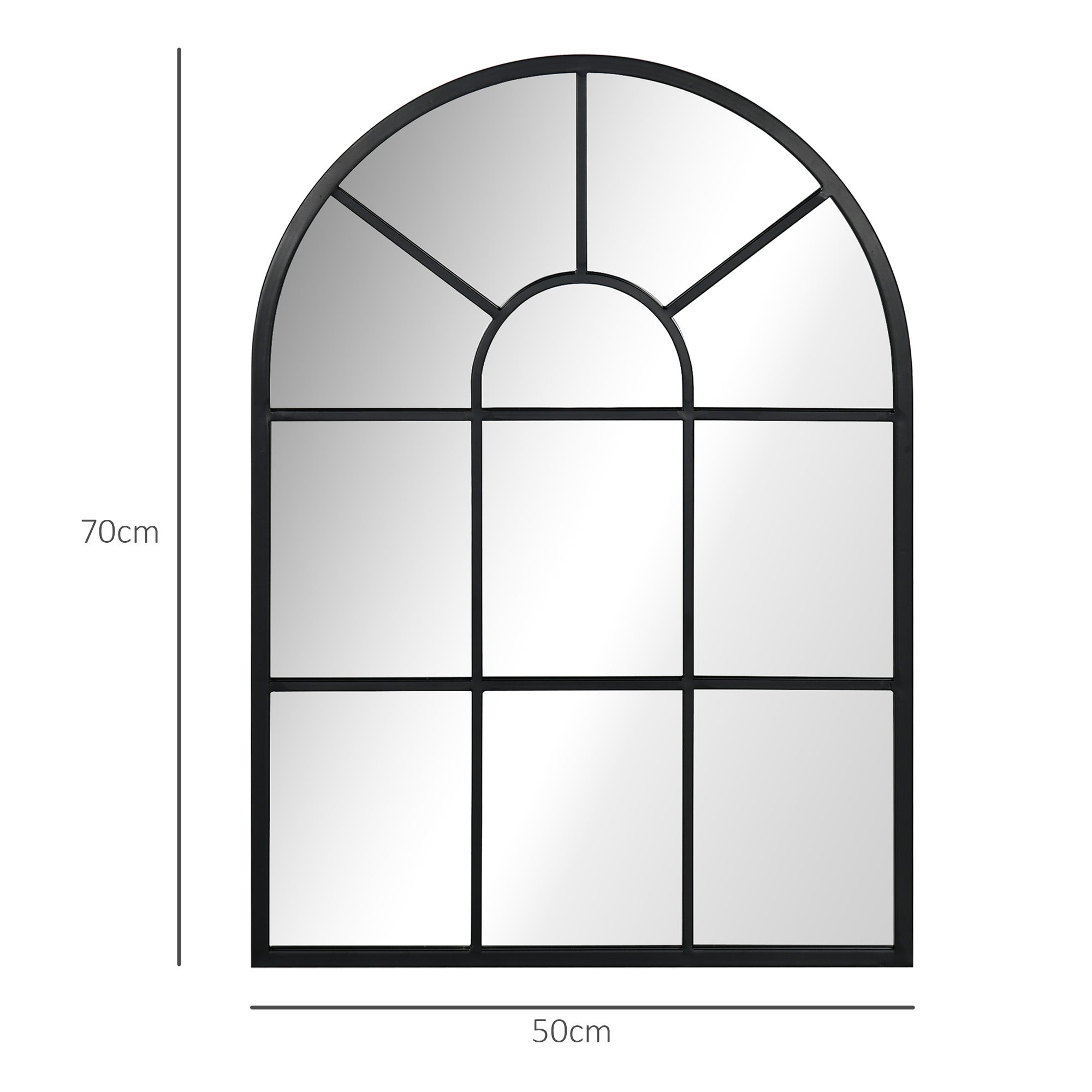Miroir mural arqué 70 x 50 cm, miroir verrière arche style industriel, miroir de fenêtre arqué avec cadre métallique, pour salon, chambre, couloir, noir