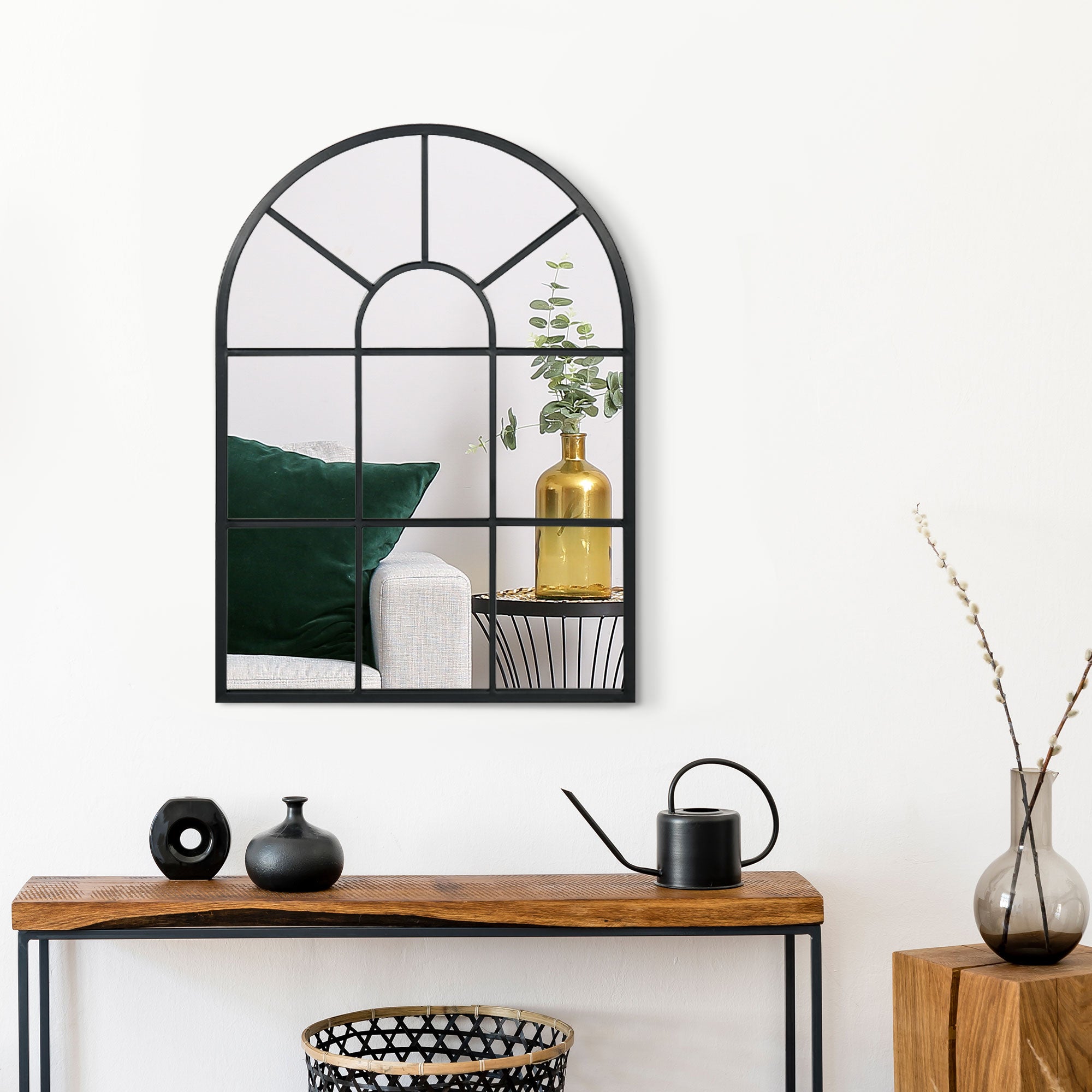 Miroir mural arqué 70 x 50 cm, miroir verrière arche style industriel, miroir de fenêtre arqué avec cadre métallique, pour salon, chambre, couloir, noir