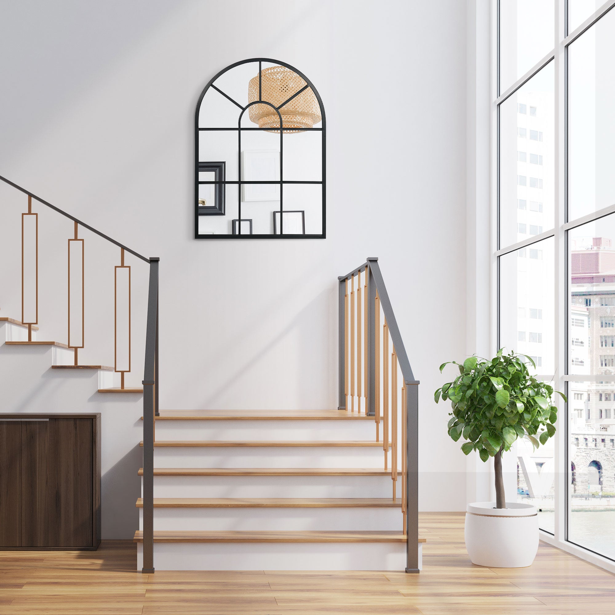 Miroir mural arqué 70 x 50 cm, miroir verrière arche style industriel, miroir de fenêtre arqué avec cadre métallique, pour salon, chambre, couloir, noir