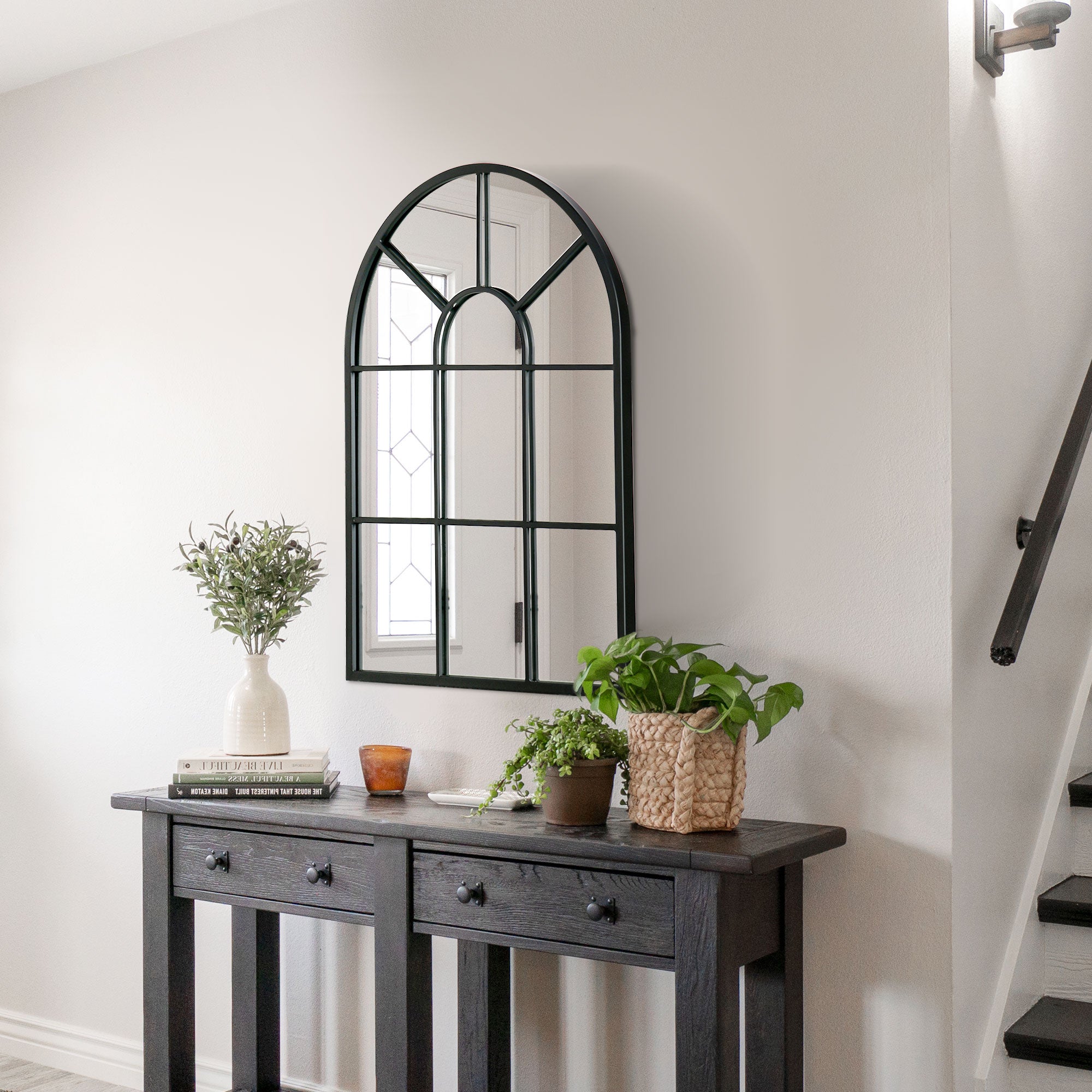 Miroir mural arqué 70 x 50 cm, miroir verrière arche style industriel, miroir de fenêtre arqué avec cadre métallique, pour salon, chambre, couloir, noir