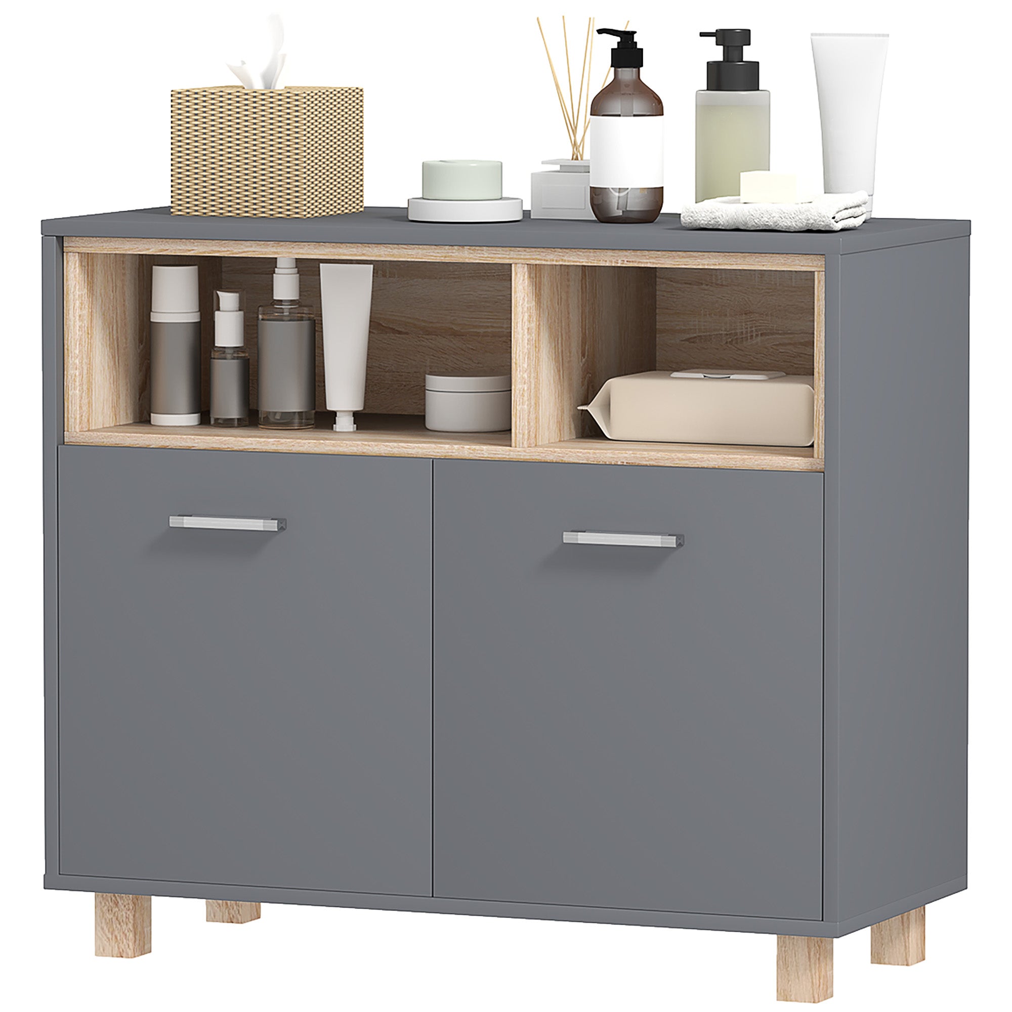Meuble salle de bain rangement, meuble de rangement style moderne avec compartiments ouverts et portes doubles, armoire pour salle de bain, salon, cuisine - 80l x 35P x 70H cm, gris