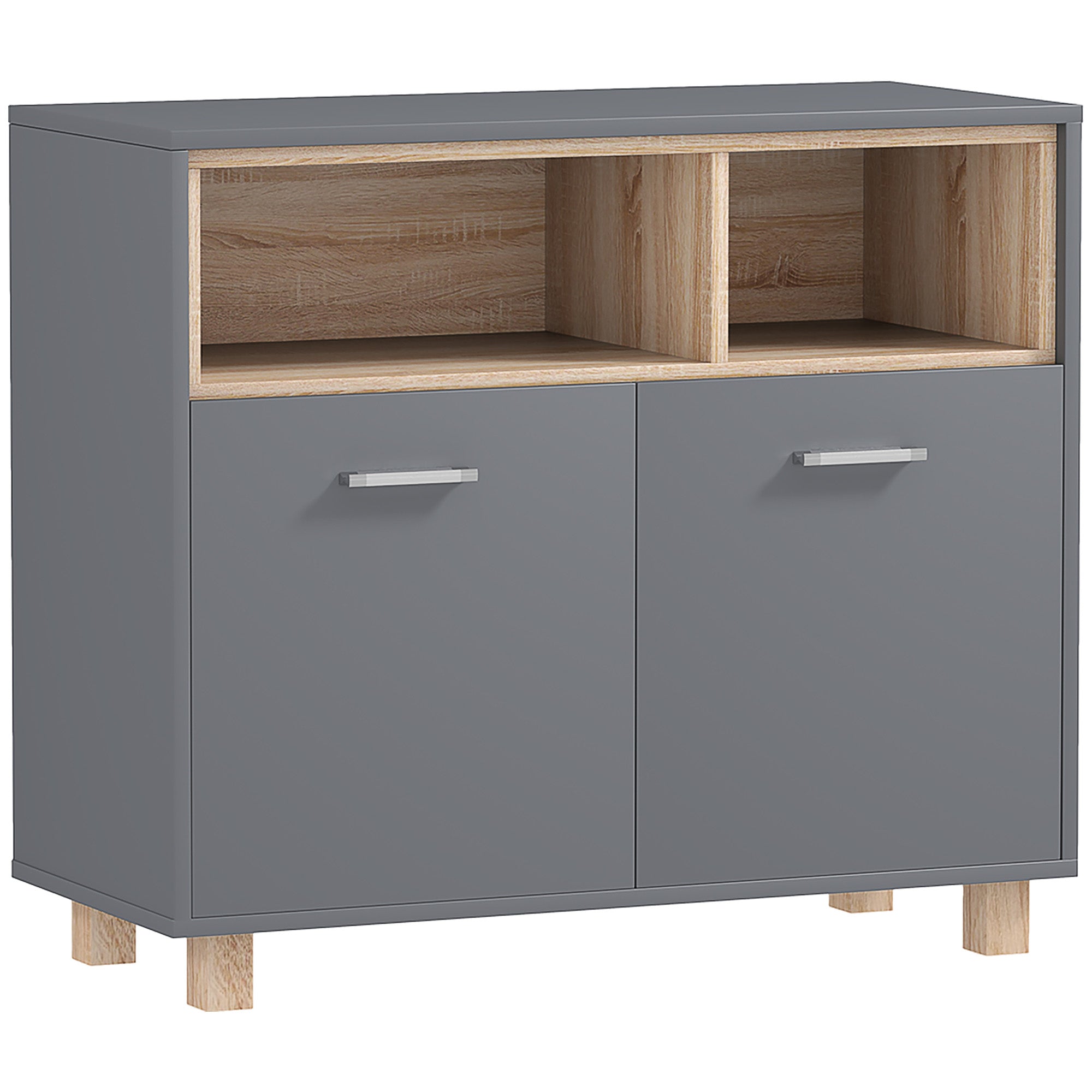 Meuble salle de bain rangement, meuble de rangement style moderne avec compartiments ouverts et portes doubles, armoire pour salle de bain, salon, cuisine - 80l x 35P x 70H cm, gris