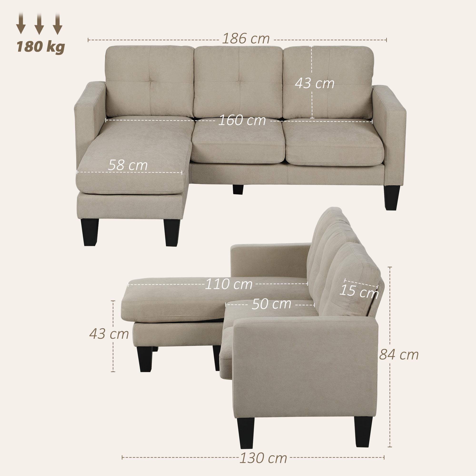 Canapé d'angle 3 Places méridienne réversible droite ou gauche, salon, grand confort, dossier capitonné, beige