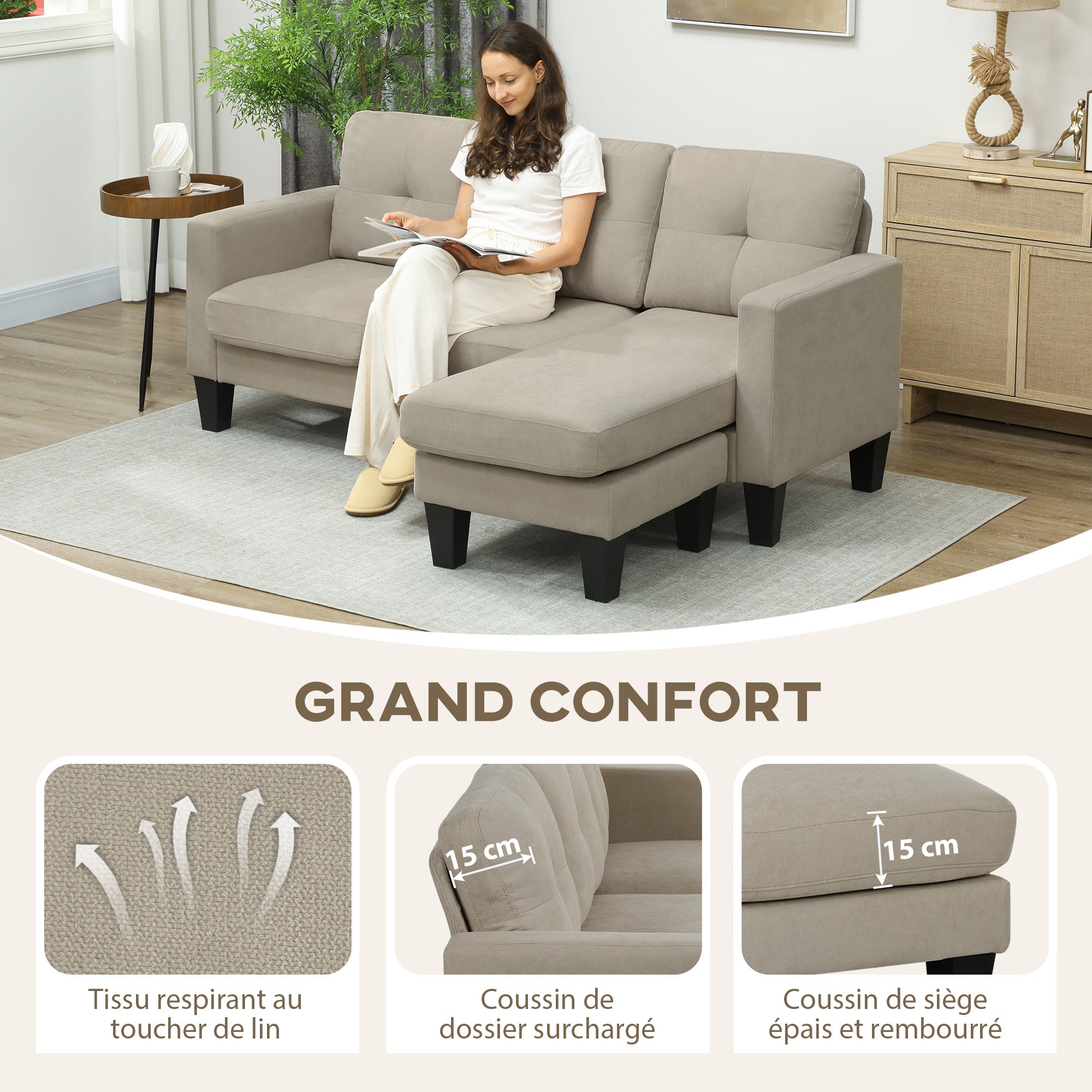 Canapé d'angle 3 Places méridienne réversible droite ou gauche, salon, grand confort, dossier capitonné, beige