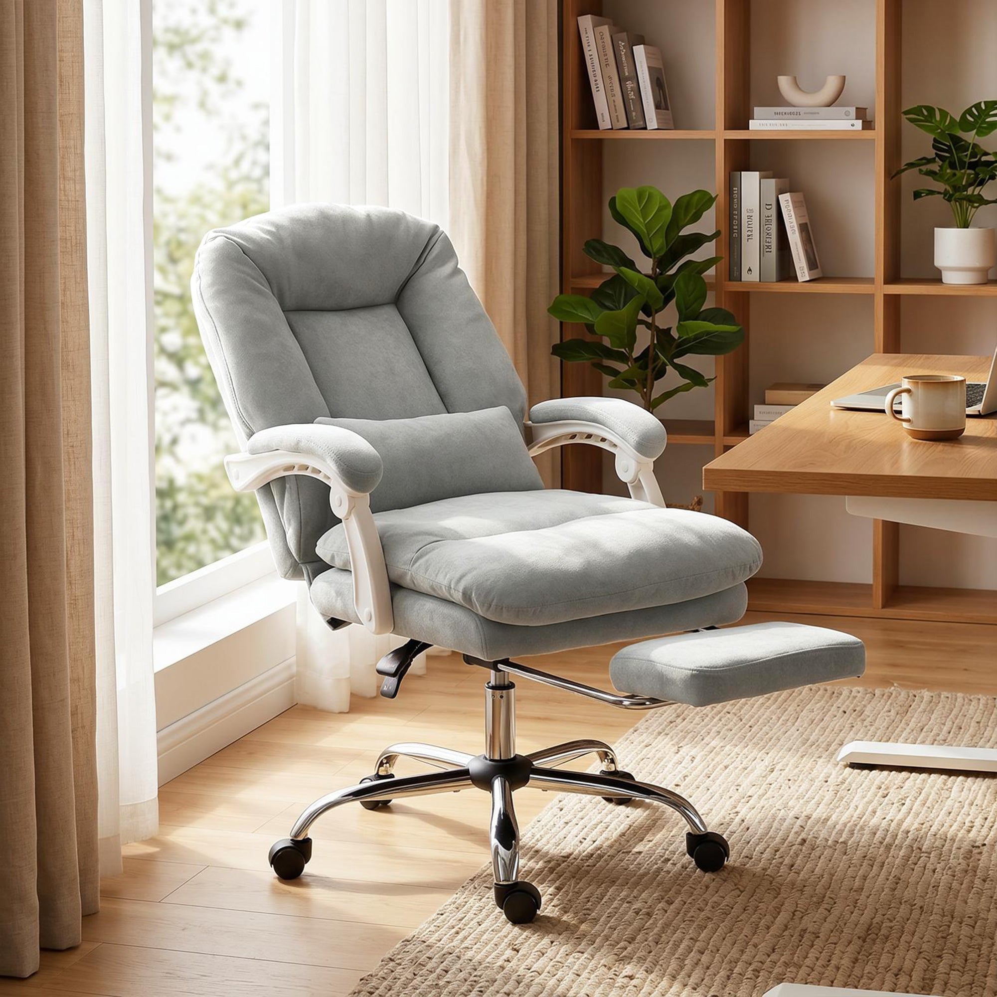 Chaise Bureau Ergonomique, Fauteuil de Bureau Inclinable en Velours avec Support Lombaire, Hauteur Réglable, Repose-Pieds, Coussin Épais, Travail Pivotante 360° pour Ordinateur, Gris Clair