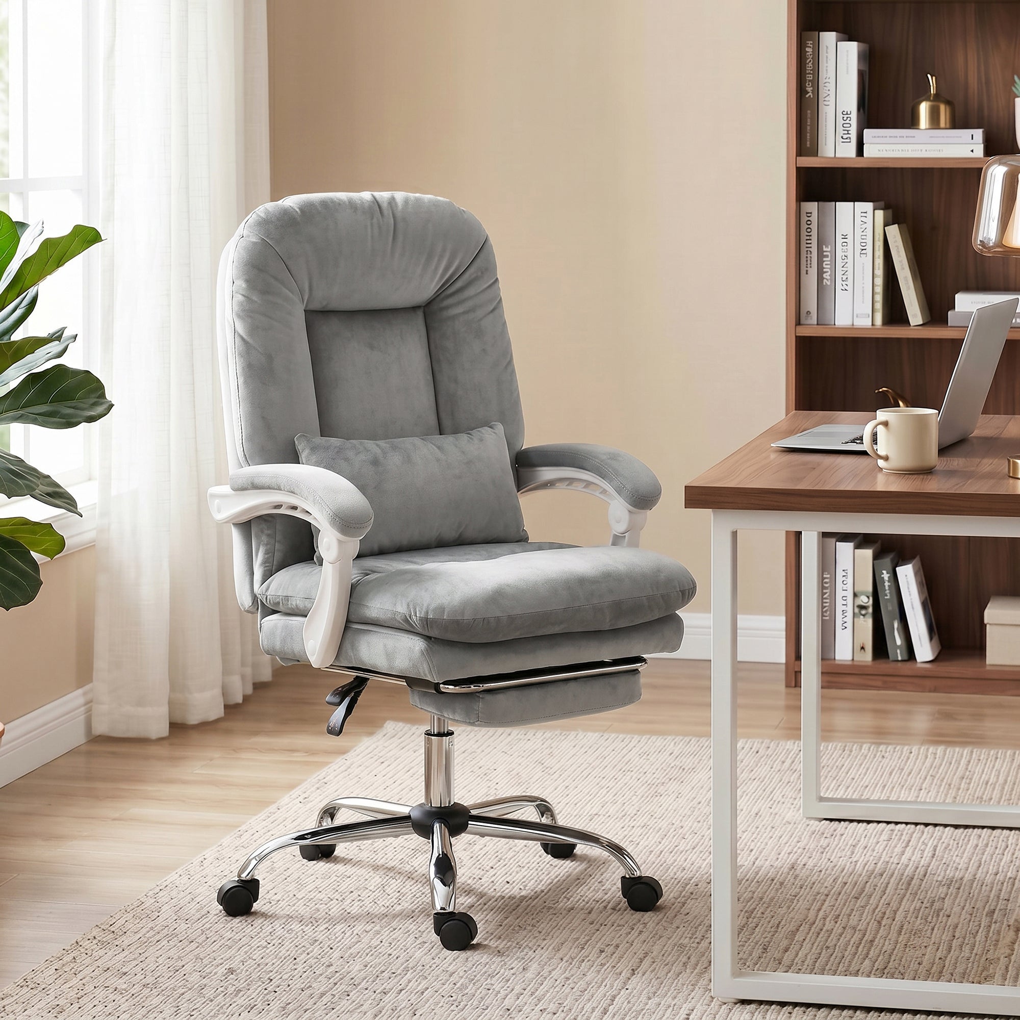 Chaise Bureau Ergonomique, Fauteuil de Bureau Inclinable en Velours avec Support Lombaire, Hauteur Réglable, Repose-Pieds, Coussin Épais, Travail Pivotante 360° pour Ordinateur, Gris Clair