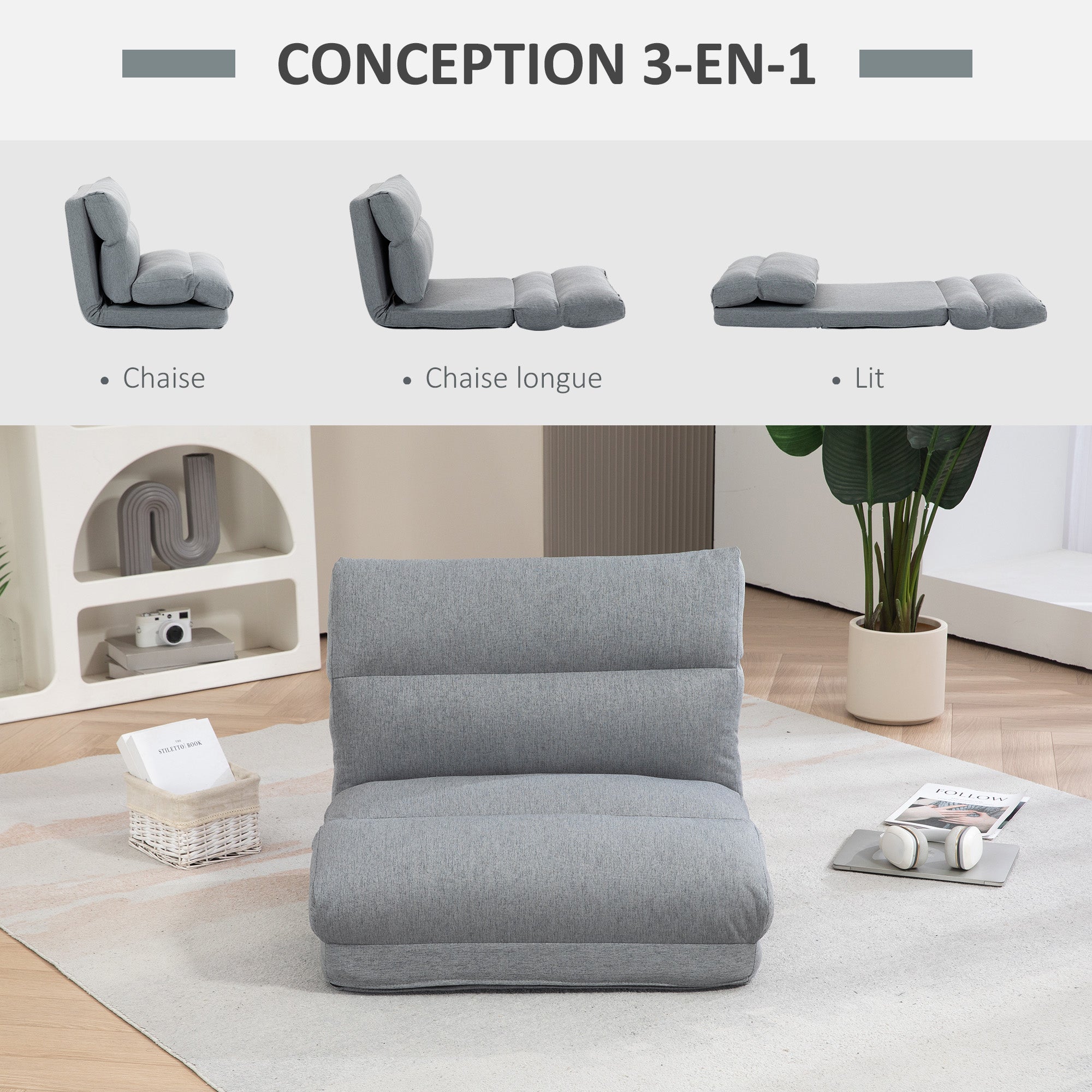 Canapé paresseux chauffeuse 1 place fauteuil paresseux convertible en lit fauteuil salon avec dossier inclinable sur 5 positions, charge 120 Kg, pour salon chambre et bureau, 70x72x56 cm, gris