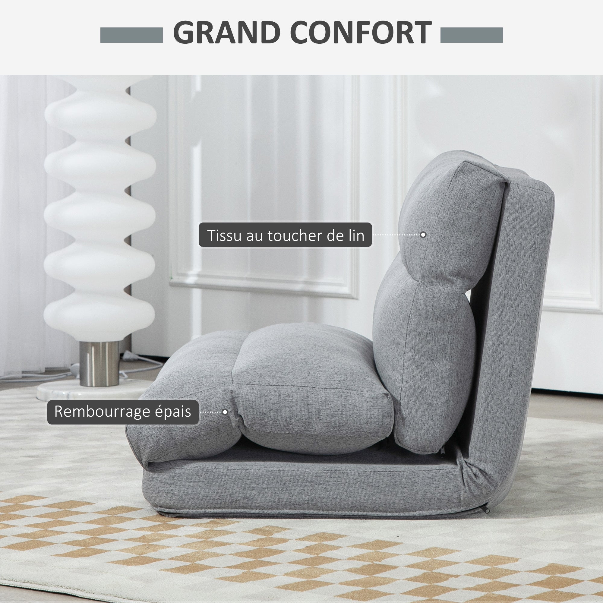 Canapé paresseux chauffeuse 1 place fauteuil paresseux convertible en lit fauteuil salon avec dossier inclinable sur 5 positions, charge 120 Kg, pour salon chambre et bureau, 70x72x56 cm, gris