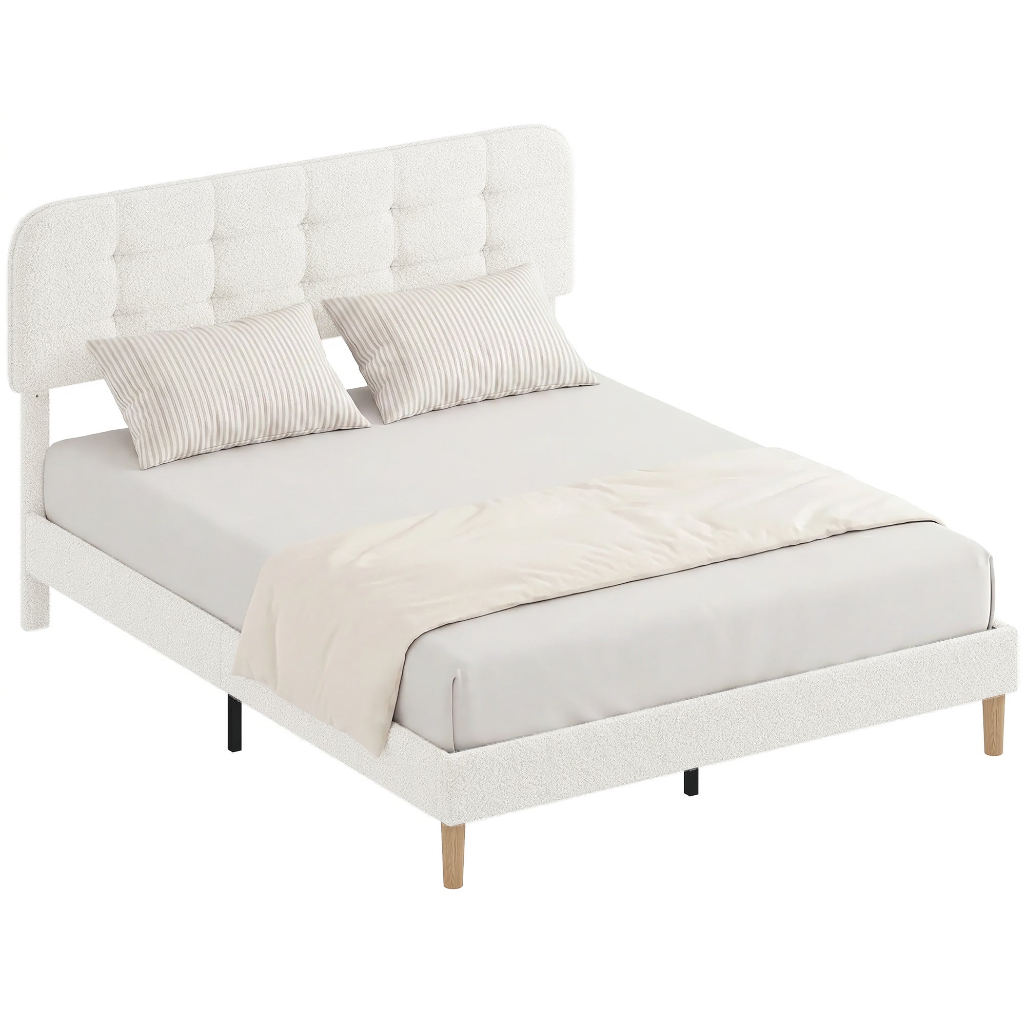 Cadre de lit 160 x 200 cm avec sommier, lit double rembourré en velours boucle, tête de lit réglable, support à lattes en bois, rangement au-dessous, sans bruit, montage facile, blanc
