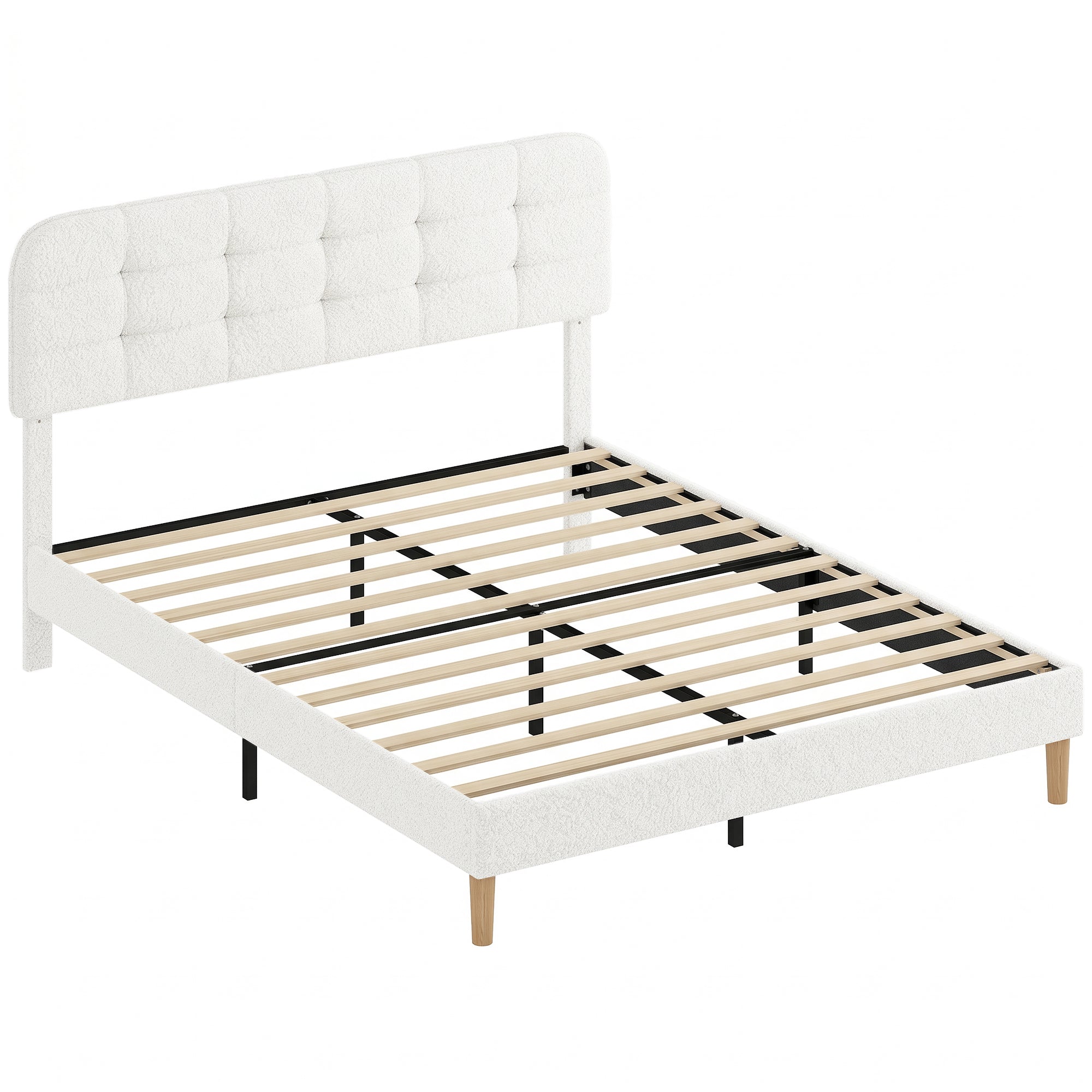 Cadre de lit 160 x 200 cm avec sommier, lit double rembourré en velours boucle, tête de lit réglable, support à lattes en bois, rangement au-dessous, sans bruit, montage facile, blanc