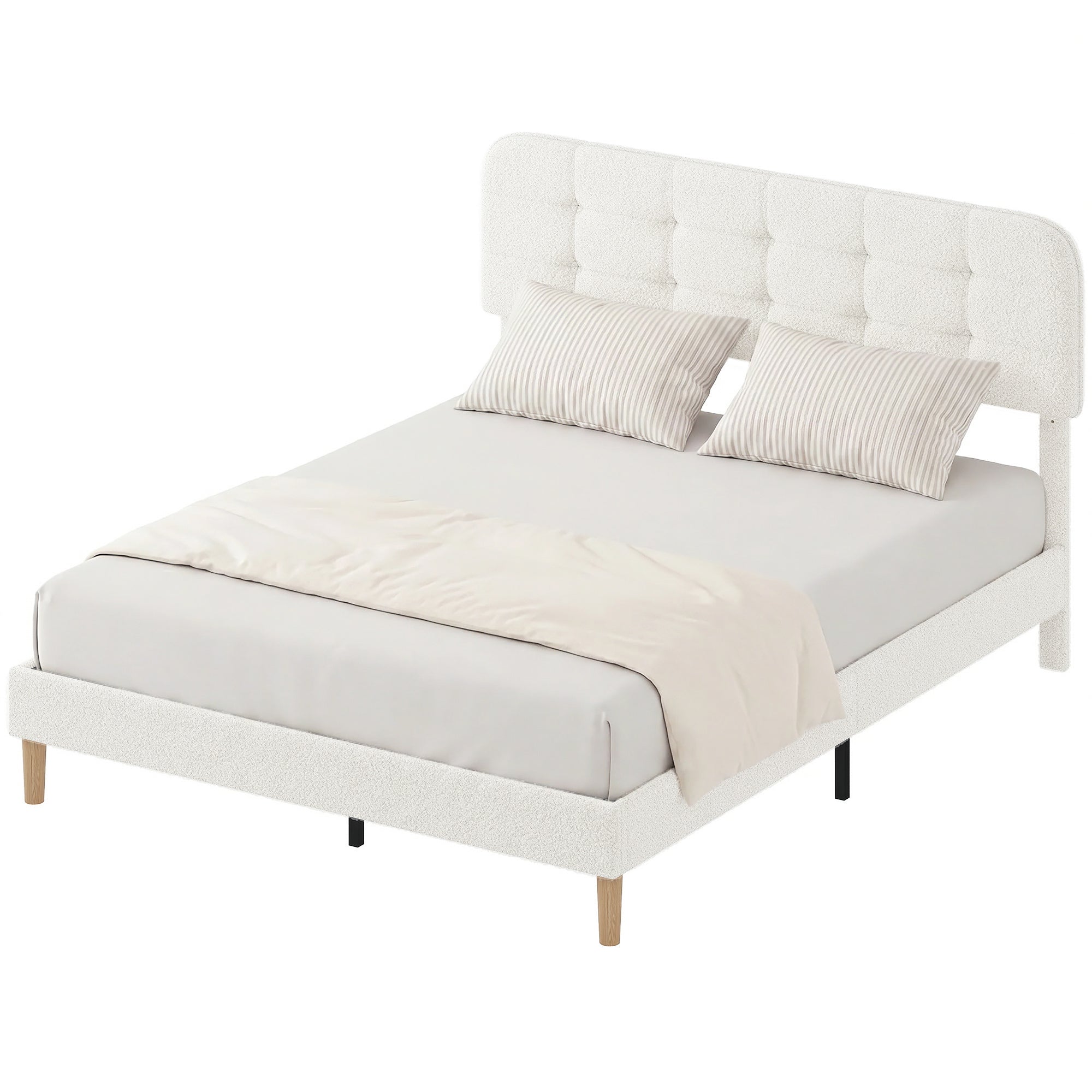 Cadre de lit 160 x 200 cm avec sommier, lit double rembourré en velours boucle, tête de lit réglable, support à lattes en bois, rangement au-dessous, sans bruit, montage facile, blanc
