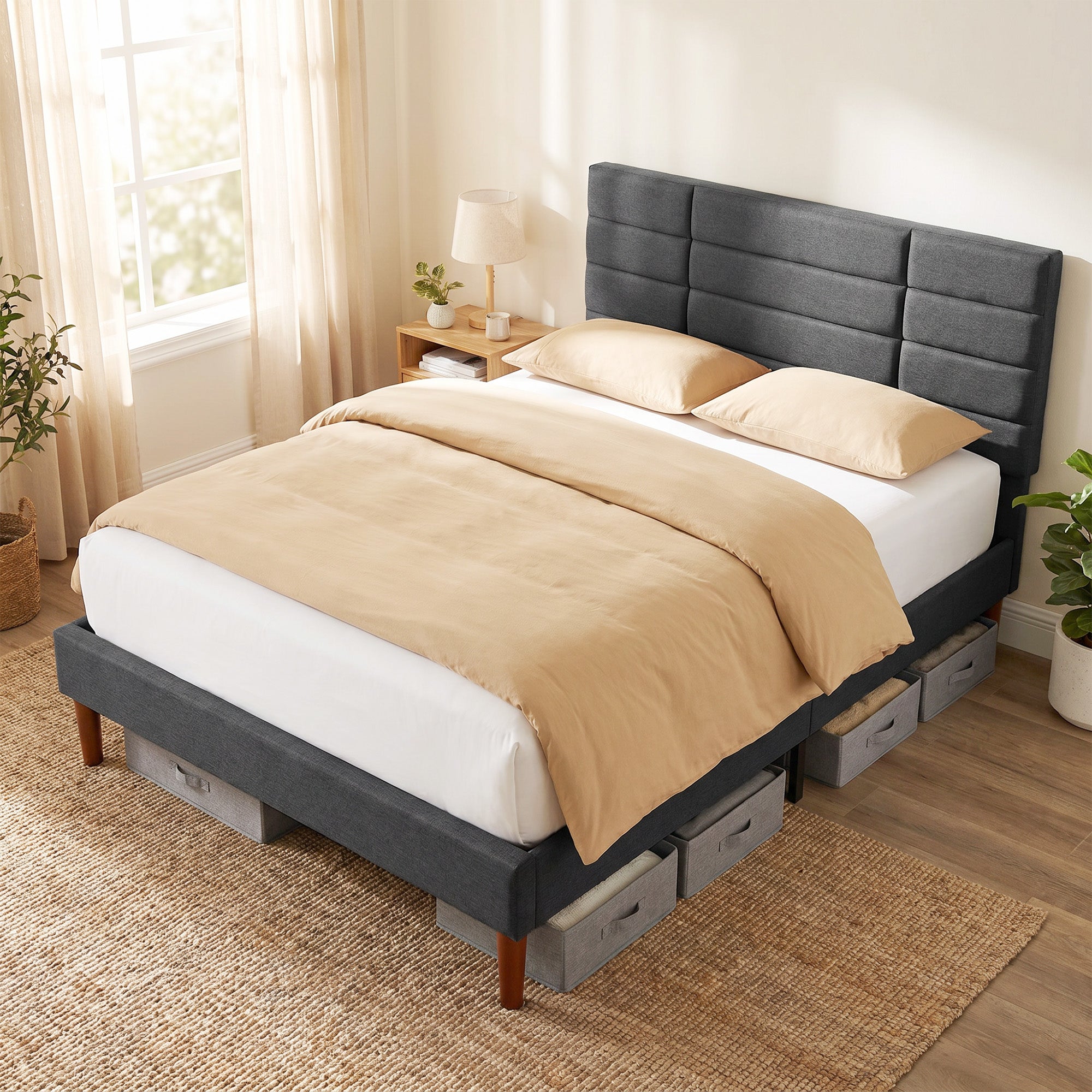 Cadre de Lit 140 x 200 cm avec Sommier Bois, Lit Double Rembourré en Effet Lin, 9 Pieds Robustes Supporte 500 KG, Tête de Lit Quadrillé, Rangement au-dessous, Sans Bruit, Montage Facile, Gris