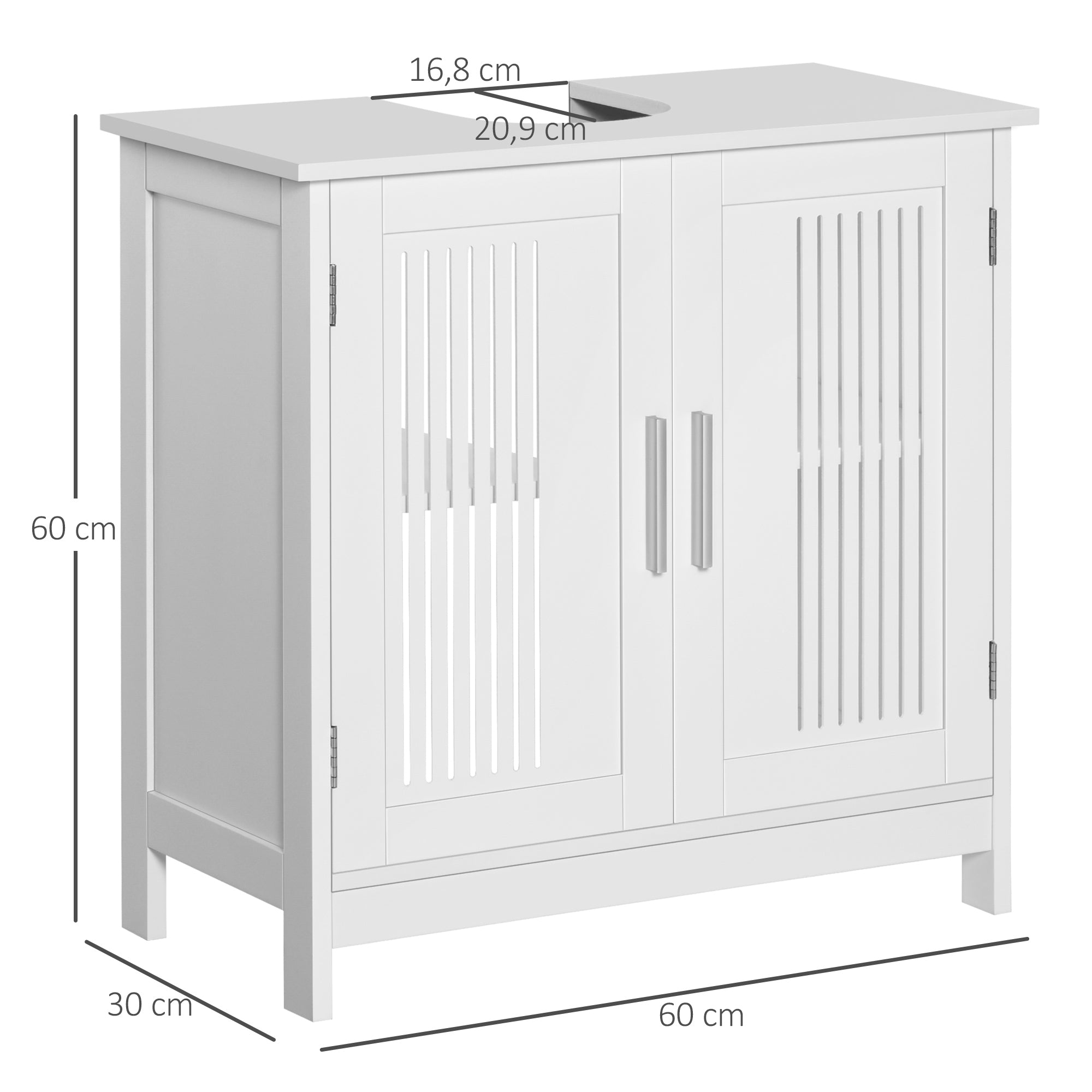 Meuble sous lavabo salle de bain - meuble sous-vasque - 2 portes rainurées avec étagère réglable - poignées alliage aluminium - dim. 60L x 30l x 60H cm - MDF blanc