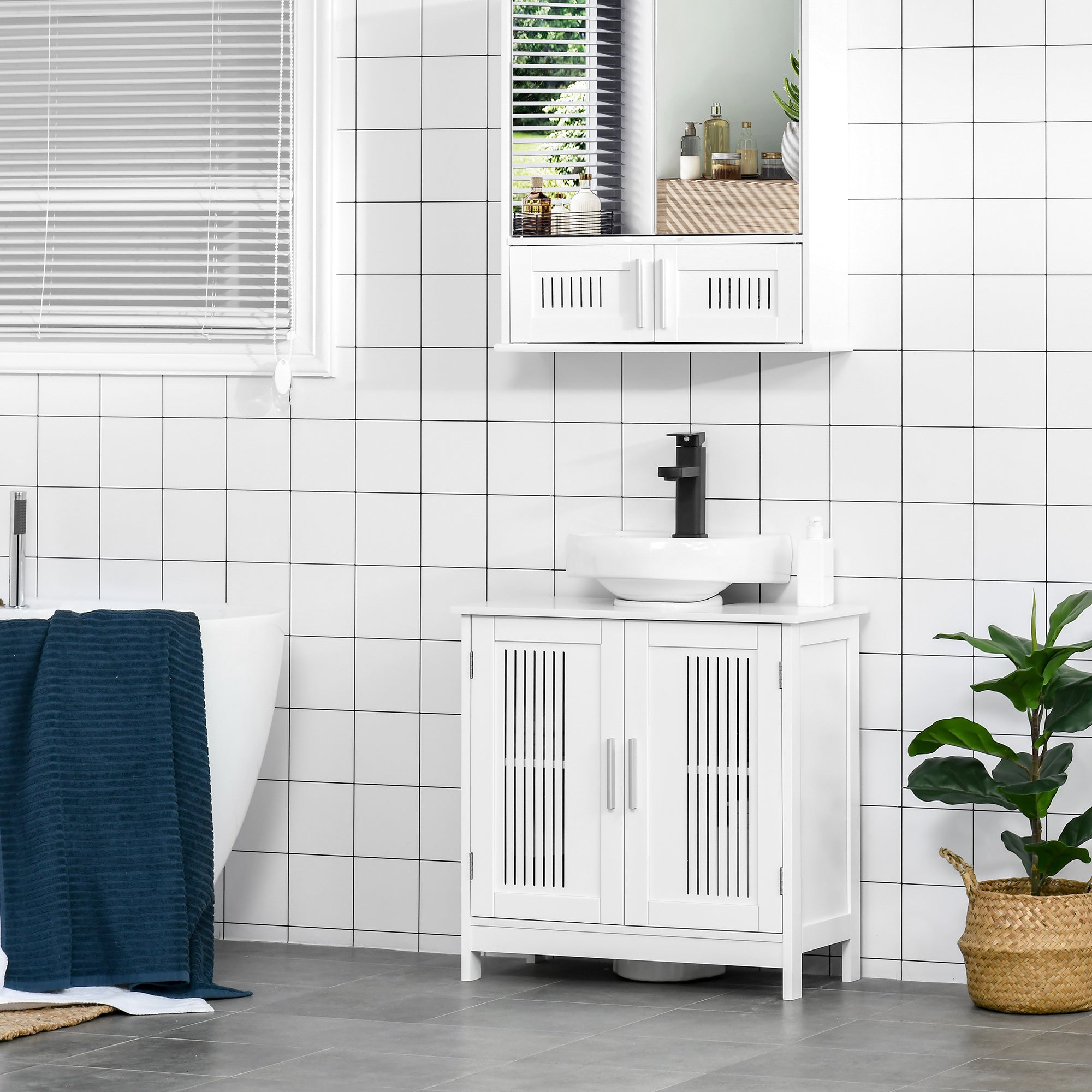 Meuble sous lavabo salle de bain - meuble sous-vasque - 2 portes rainurées avec étagère réglable - poignées alliage aluminium - dim. 60L x 30l x 60H cm - MDF blanc