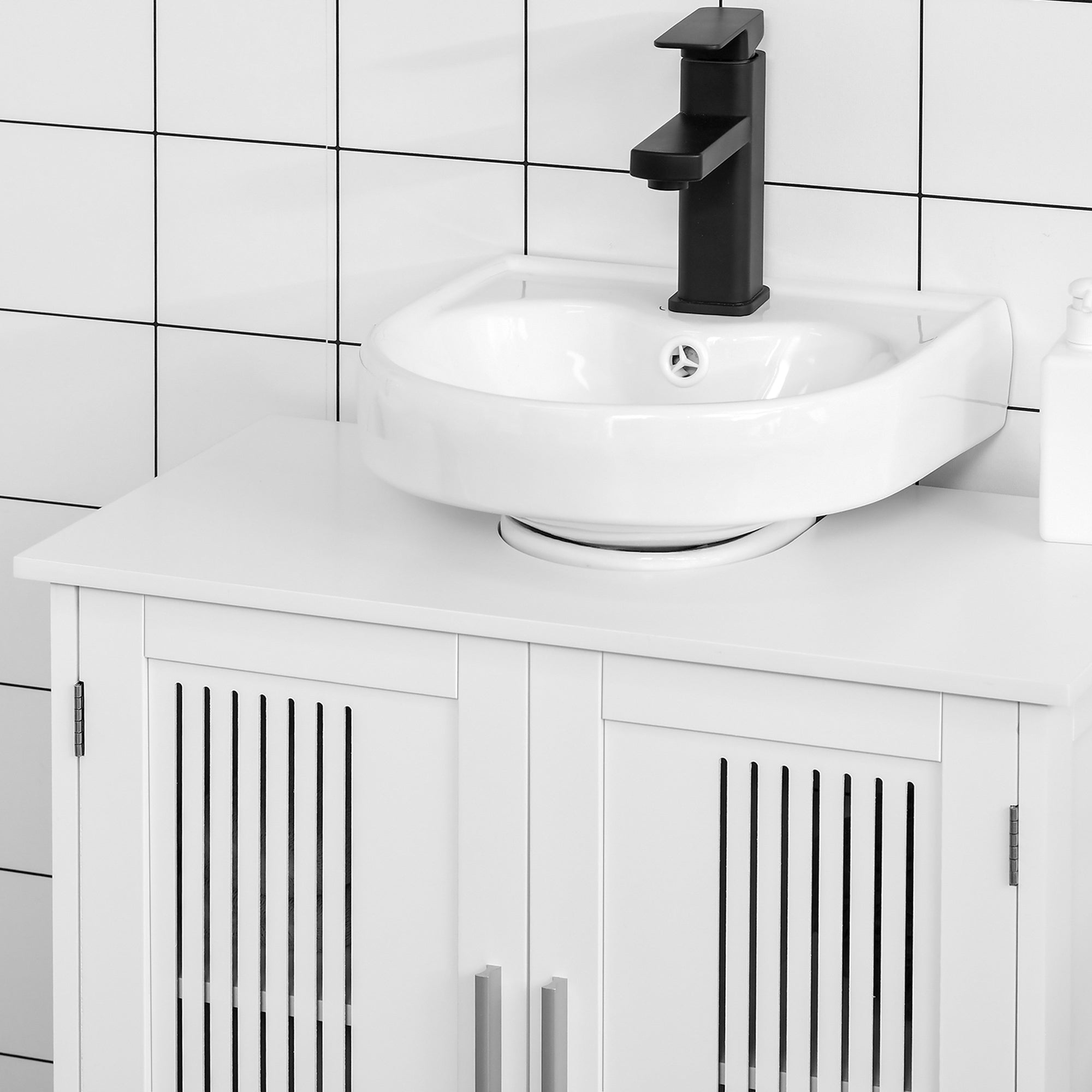 Meuble sous lavabo salle de bain - meuble sous-vasque - 2 portes rainurées avec étagère réglable - poignées alliage aluminium - dim. 60L x 30l x 60H cm - MDF blanc