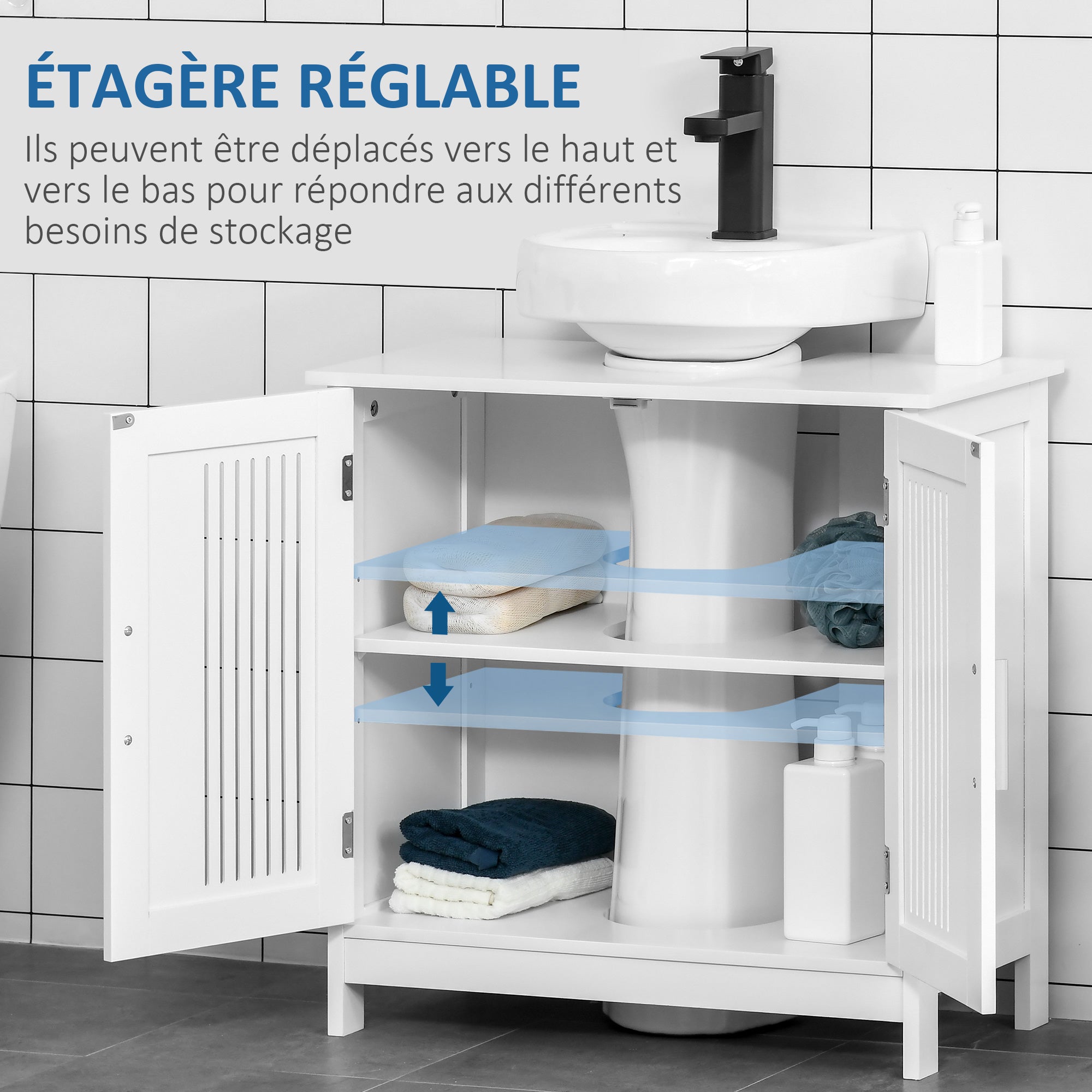 Meuble sous lavabo salle de bain - meuble sous-vasque - 2 portes rainurées avec étagère réglable - poignées alliage aluminium - dim. 60L x 30l x 60H cm - MDF blanc