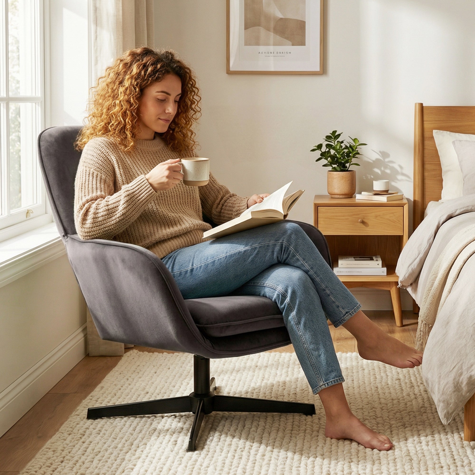 Fauteuil salon pivotant, fauteuil d'appoint rembourré en velours avec large assise, coussin et structure en métal, chaise de salon, chambre, coins lecture, gris foncé