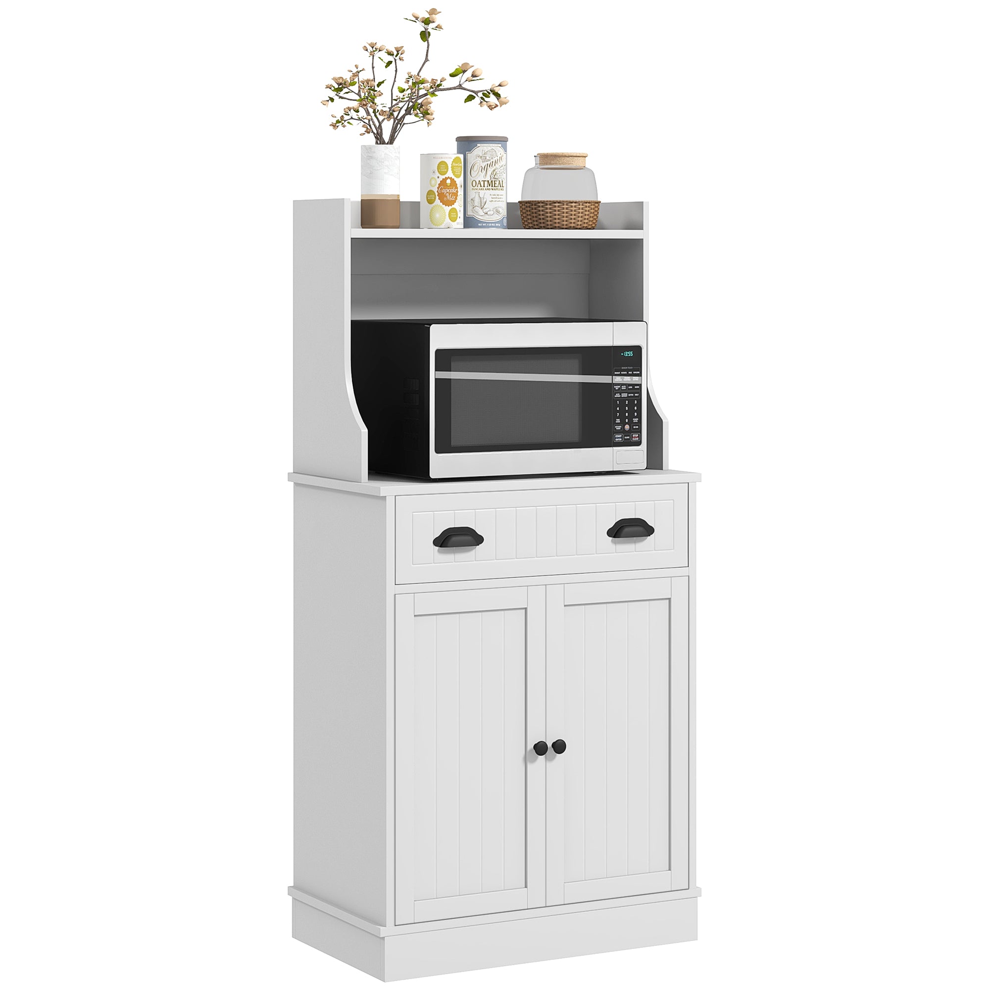 Meuble micro-ondes, armoire cuisine, étagère réglable sur 3 niveaux, avec espace ouvert, 1 tiroir et placard 2 portes, meuble de cuisine, design moderne, 61 x 35 x 125,4 cm, blanc