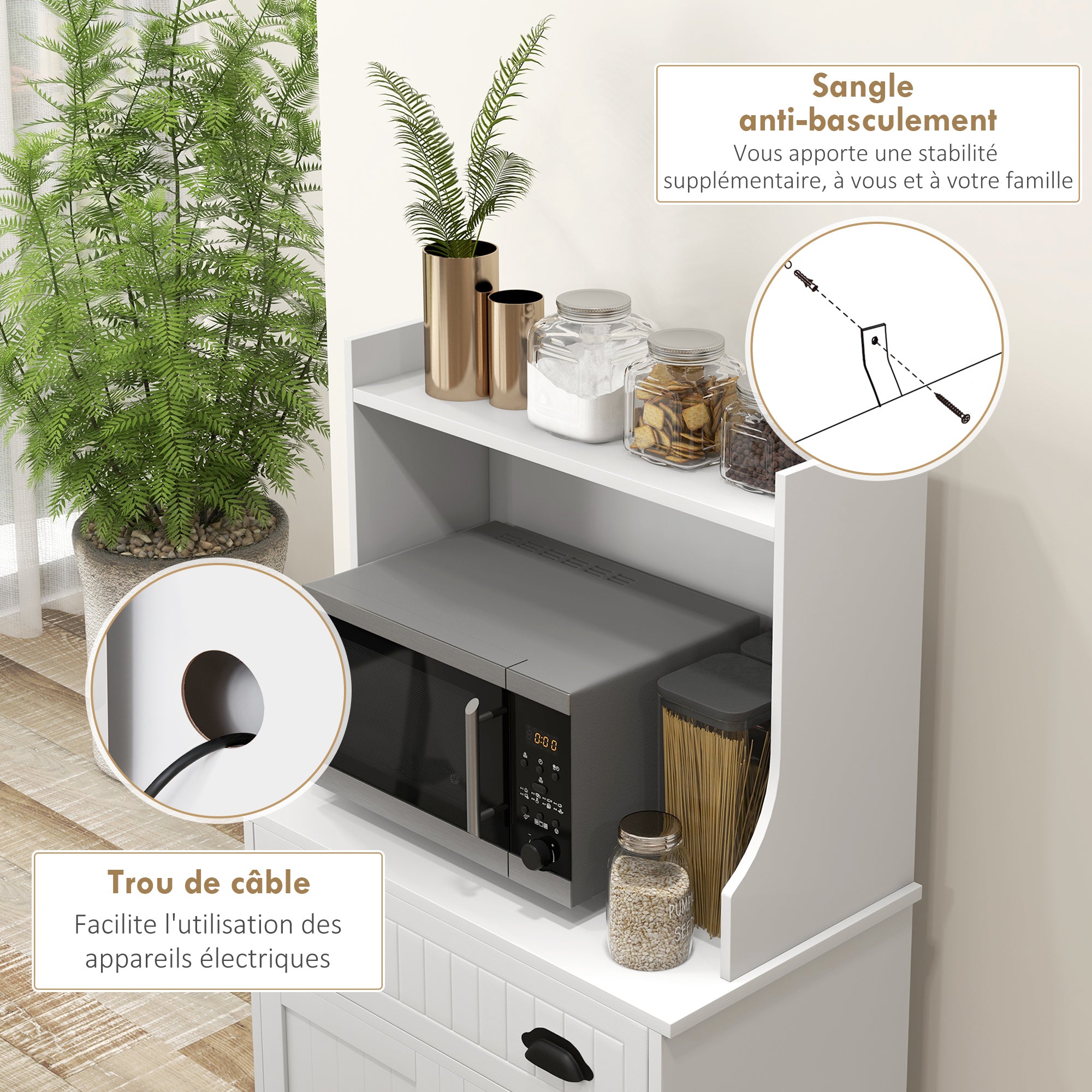 Meuble micro-ondes, armoire cuisine, étagère réglable sur 3 niveaux, avec espace ouvert, 1 tiroir et placard 2 portes, meuble de cuisine, design moderne, 61 x 35 x 125,4 cm, blanc